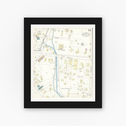 Old map wall art mockup — black gallery frame with white mat — Sanborn Fire Insurance Map from Grass Valley, Nevada County, California (1898), Sheet #0014