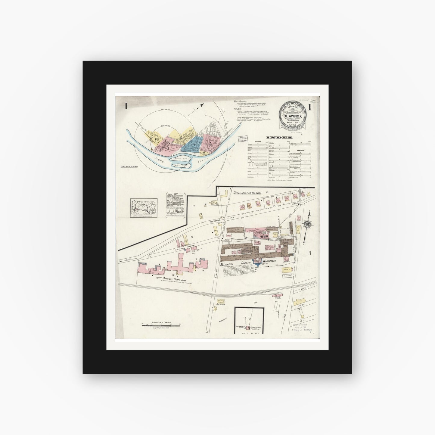 Old map wall art mockup — black gallery frame with white mat — Sanborn Fire Insurance Map from Blawnox, Allegheny County, Pennsylvania (1924) - Complete Map Set