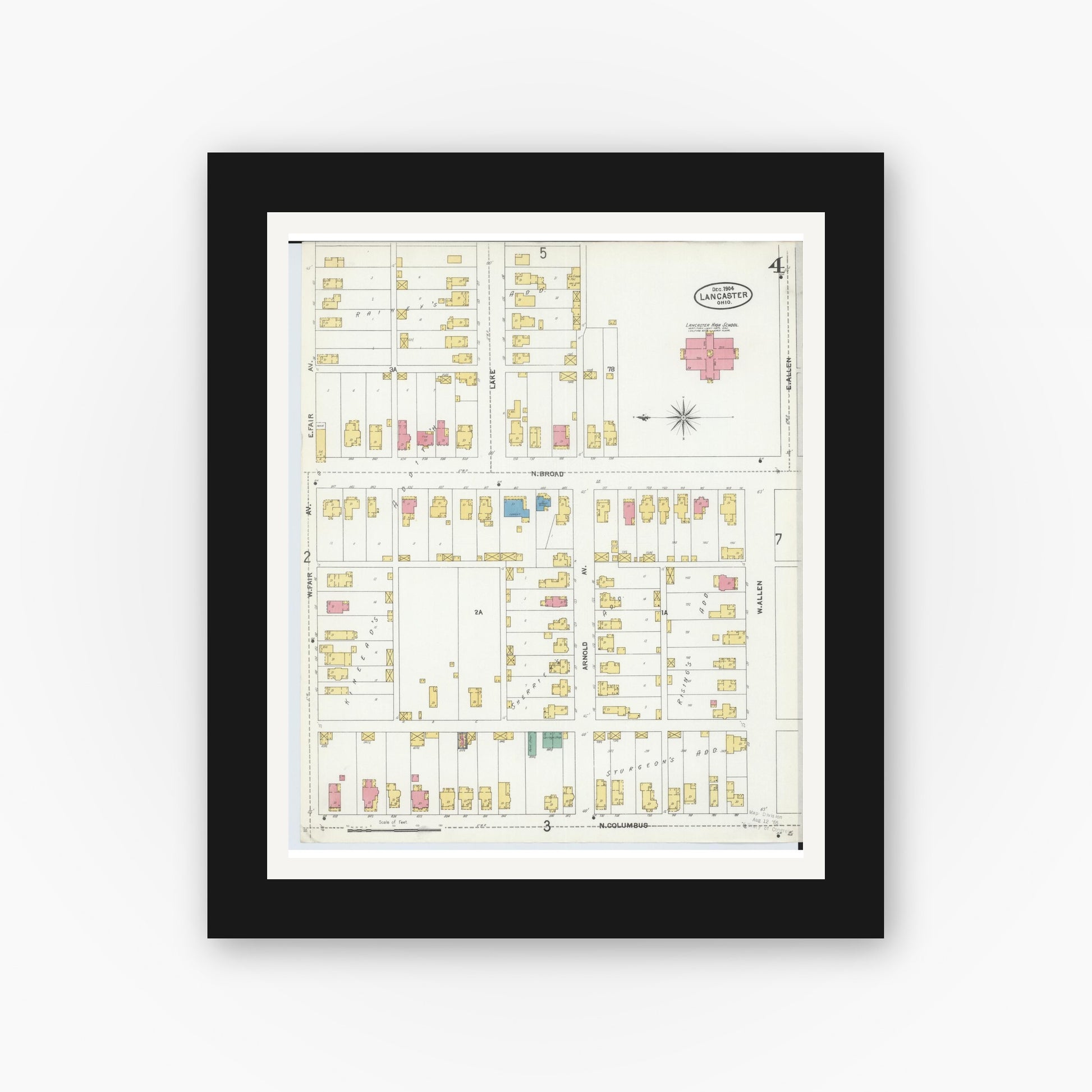 Old map wall art mockup — black gallery frame with white mat — Sanborn Fire Insurance Map from Lancaster, Fairfield County, Ohio (1904), Sheet #0004