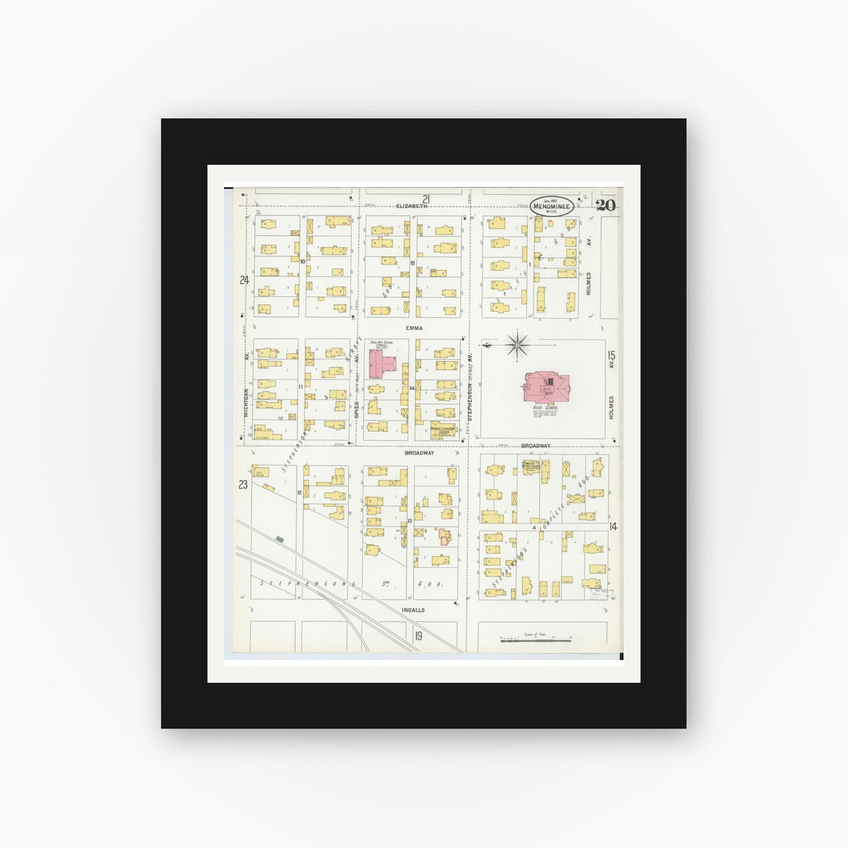 Old map wall art mockup — black gallery frame with white mat — Sanborn Fire Insurance Map from Menominee, Menominee County, Michigan (1901), Sheet #0020
