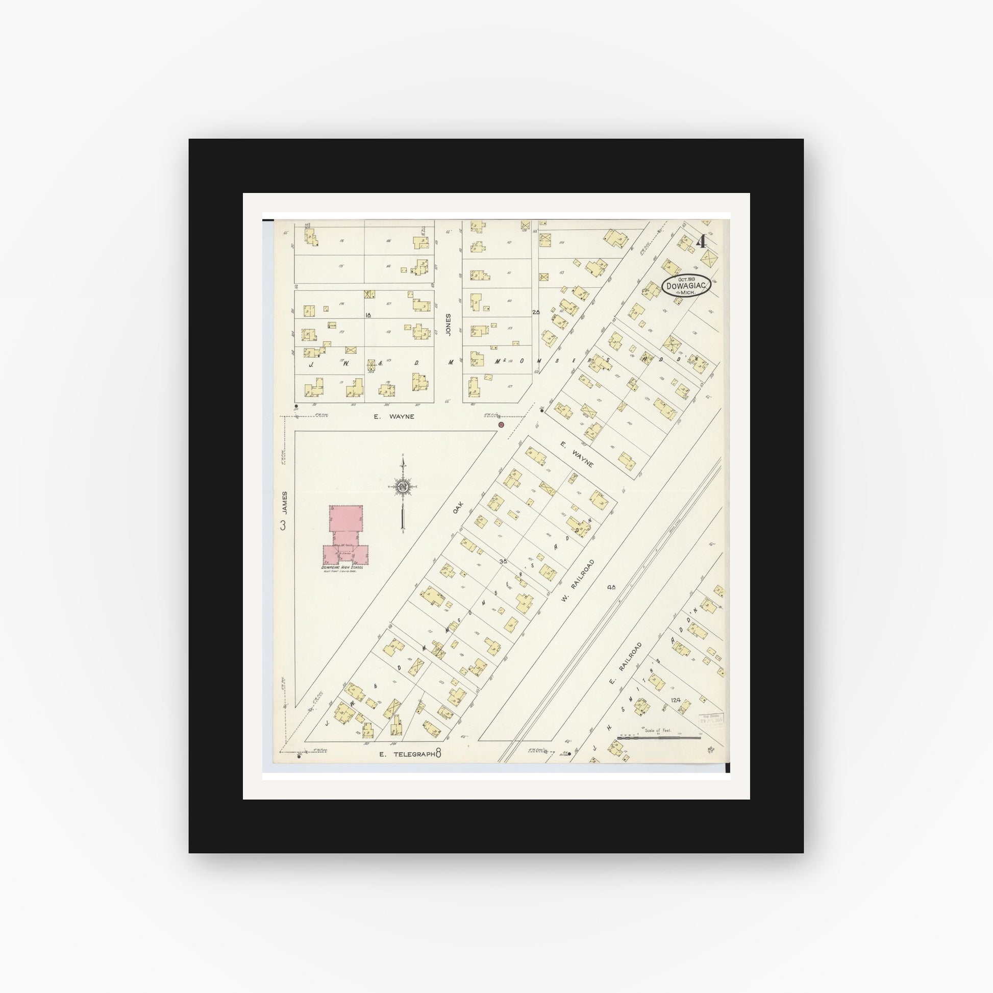 Old map wall art mockup — black gallery frame with white mat — Sanborn Fire Insurance Map from Dowagiac, Cass County, Michigan (1913), Sheet #0004