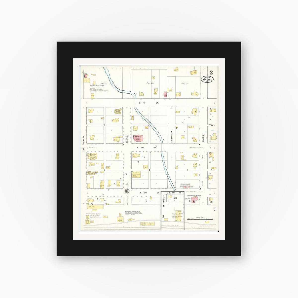 Old map wall art mockup — black gallery frame with white mat — Sanborn Fire Insurance Map from Madrid, Boone County, Iowa (1916), Sheet #0003