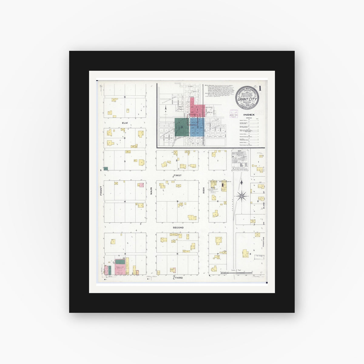 Old map wall art mockup — black gallery frame with white mat — Sanborn Fire Insurance Map from Grant City, Worth County, Missouri (1909) - Complete Map Set