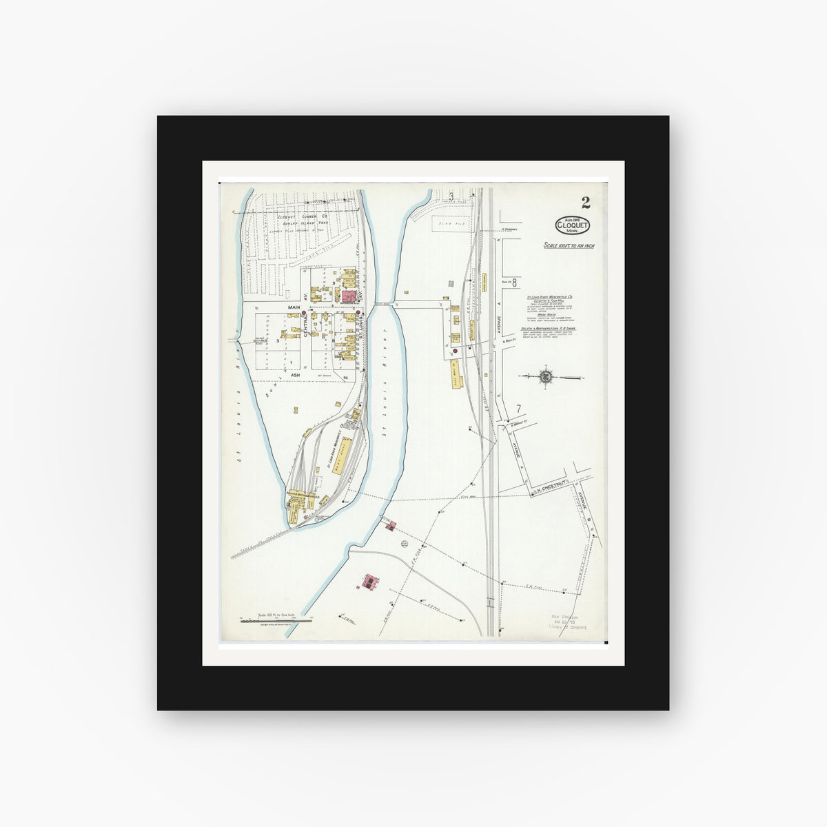 Old map wall art mockup — black gallery frame with white mat — Sanborn Fire Insurance Map from Cloquet, Carlton County, Minnesota (1919), Sheet #0002