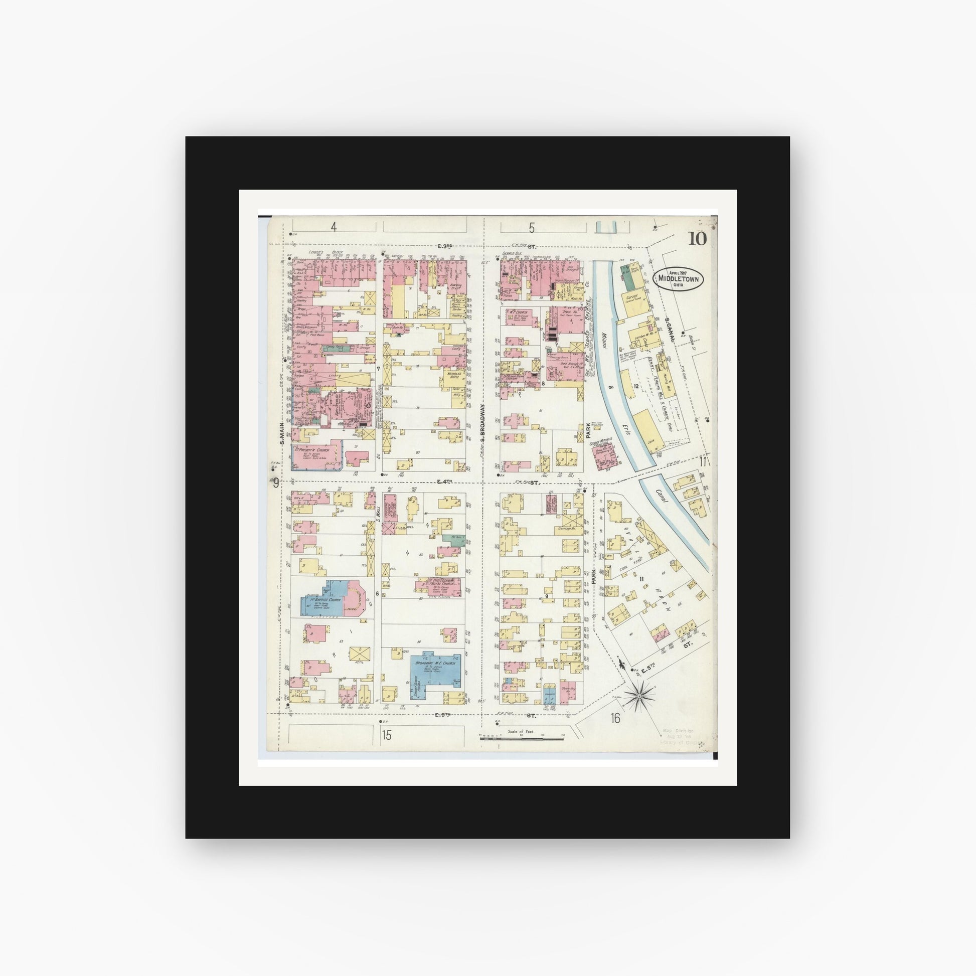 Old map wall art mockup — black gallery frame with white mat — Sanborn Fire Insurance Map from Middletown, Butler County, Ohio (1907), Sheet #0010