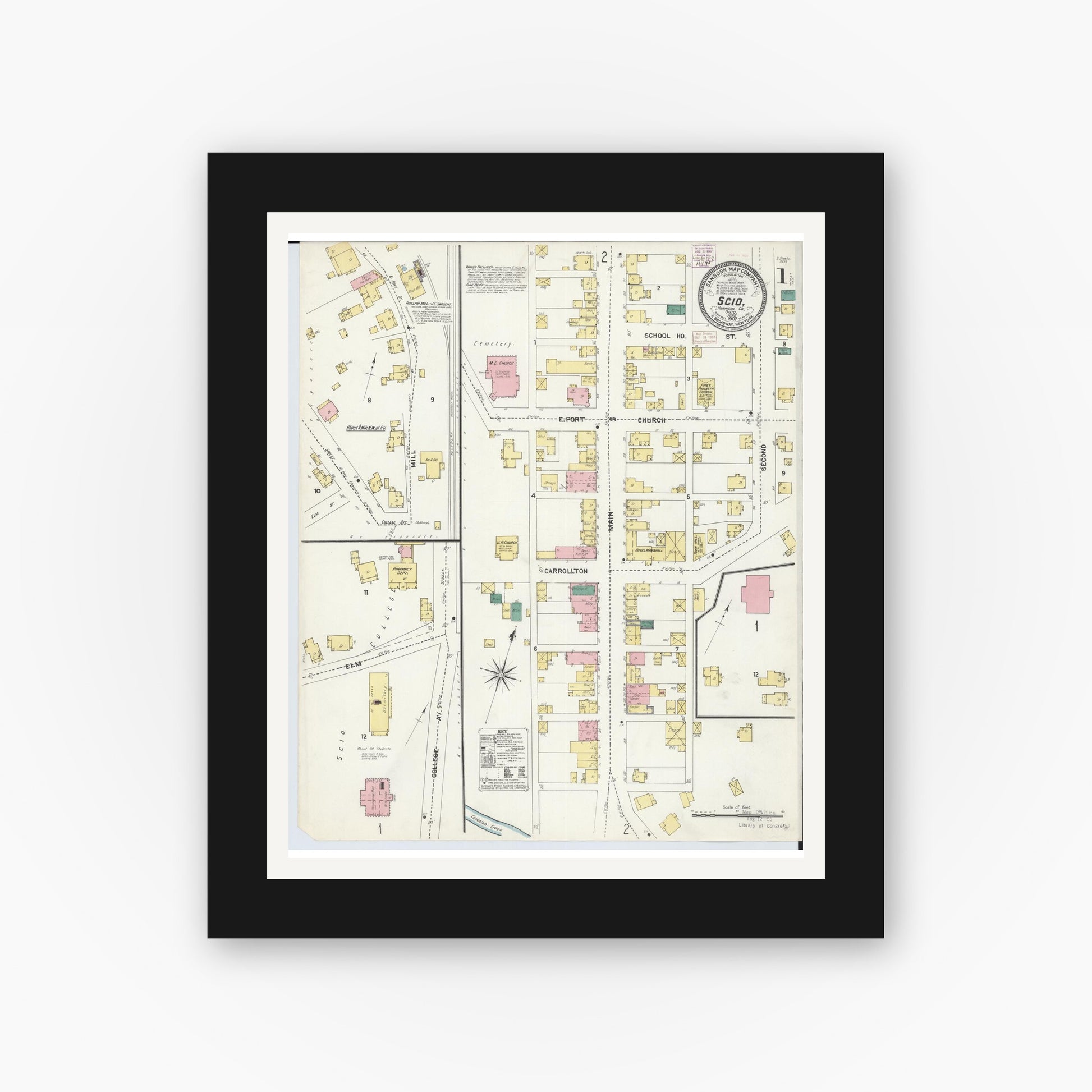 Old map wall art mockup — black gallery frame with white mat — Sanborn Fire Insurance Map from Scio, Harrison County, Ohio (1907), Sheet #0001