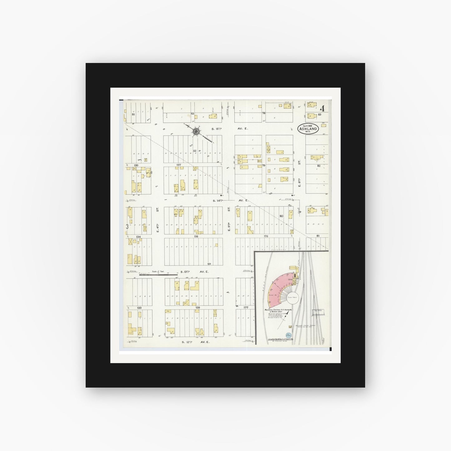 Old map wall art mockup — black gallery frame with white mat — Sanborn Fire Insurance Map from Ashland, Ashland County, Wisconsin (1909), Sheet #0004