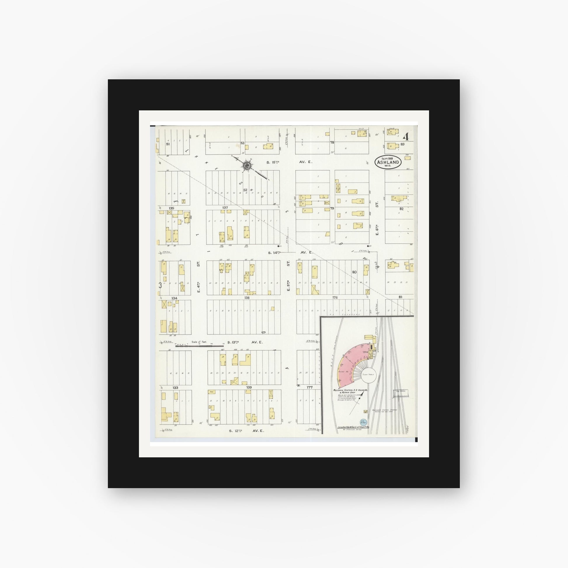 Old map wall art mockup — black gallery frame with white mat — Sanborn Fire Insurance Map from Ashland, Ashland County, Wisconsin (1909), Sheet #0004