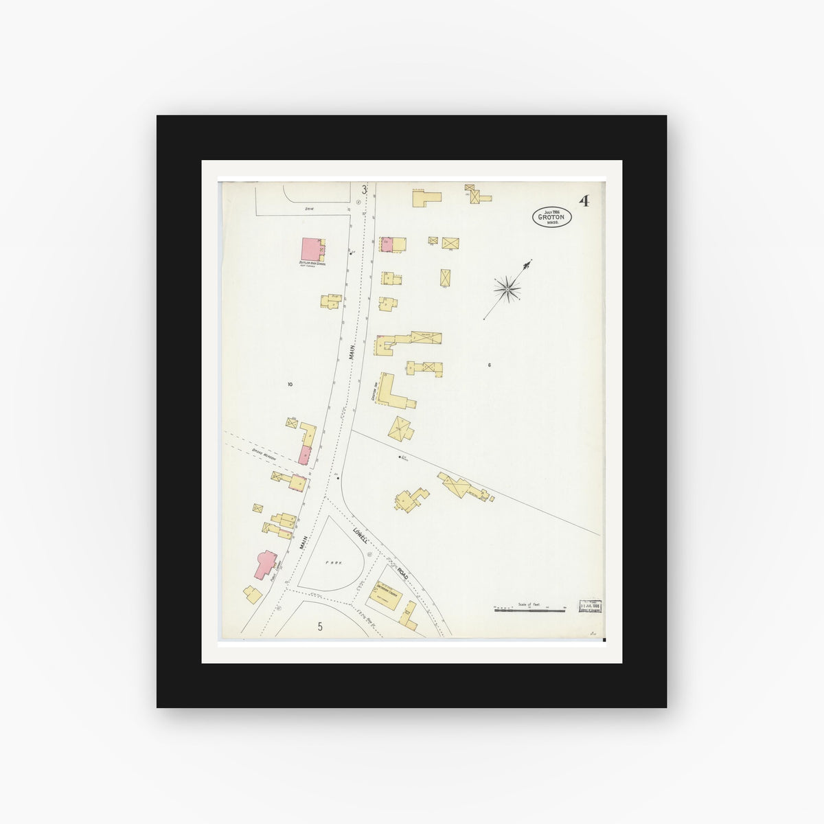Old map wall art mockup — black gallery frame with white mat — Sanborn Fire Insurance Map from Groton, Middlesex County, Massachusetts (1906), Sheet #0004