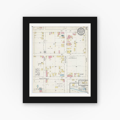 Old map wall art mockup — black gallery frame with white mat — Sanborn Fire Insurance Map from Nauvoo, Hancock County, Illinois (1893), Sheet #0001