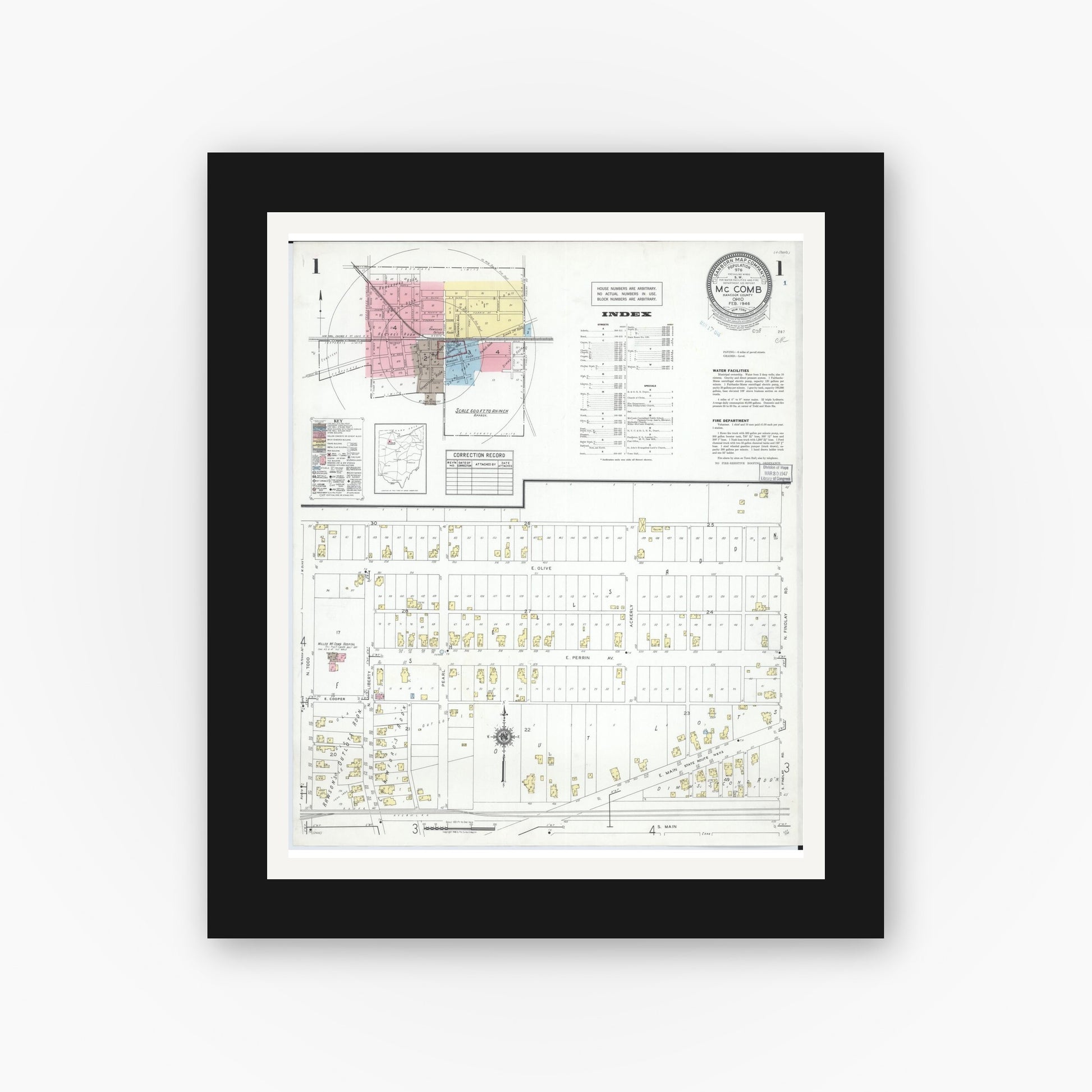 Old map wall art mockup — black gallery frame with white mat — Sanborn Fire Insurance Map from McComb, Hancock County, Ohio (1946) - Complete Map Set