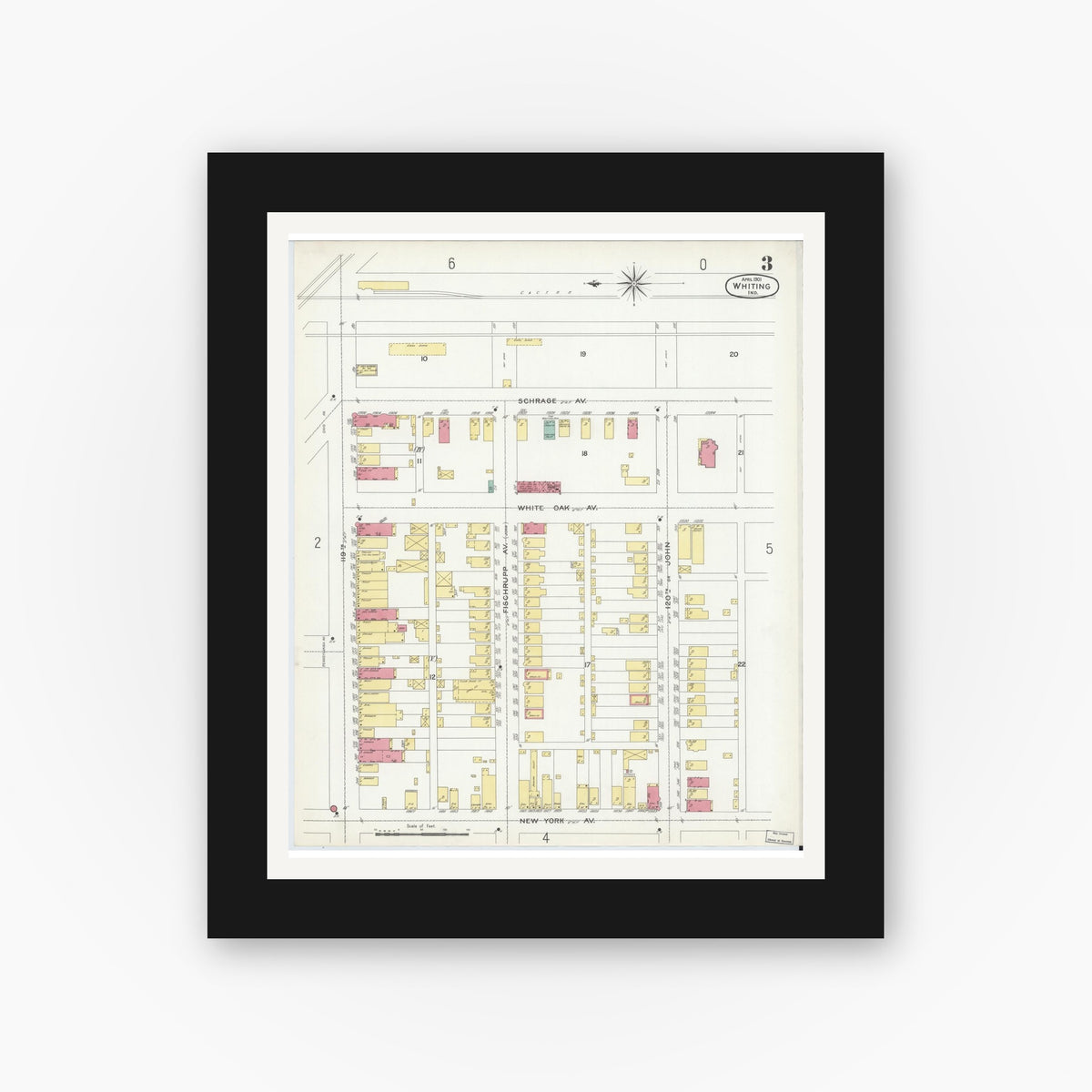 Old map wall art mockup — black gallery frame with white mat — Sanborn Fire Insurance Map from Whiting, Lake County, Indiana (1901), Sheet #0003