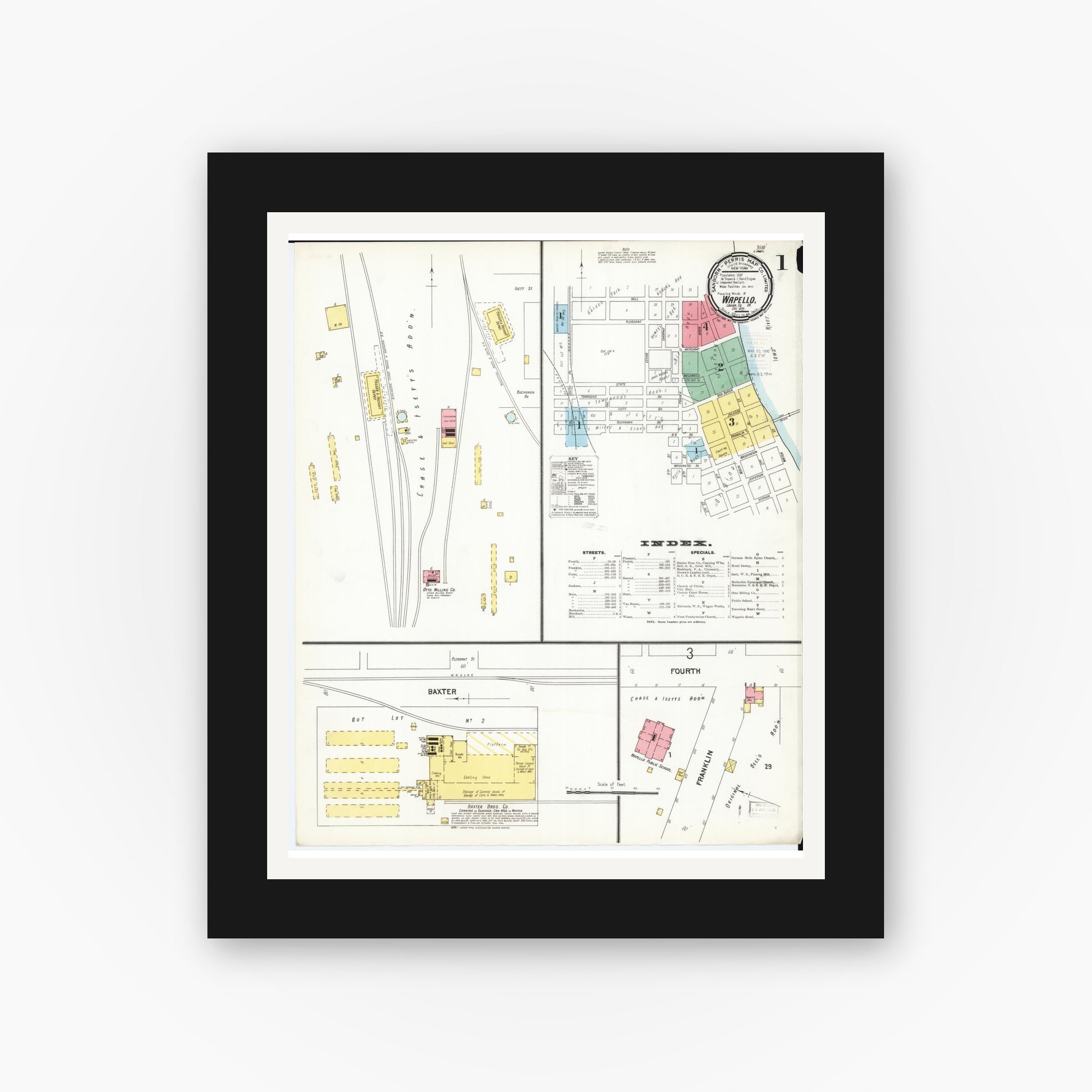 Old map wall art mockup — black gallery frame with white mat — Sanborn Fire Insurance Map from Wapello, Louisa County, Iowa (1899) â€” Complete Set