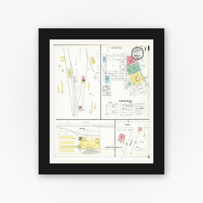 Old map wall art mockup — black gallery frame with white mat — Sanborn Fire Insurance Map from Wapello, Louisa County, Iowa (1899) â€” Complete Set