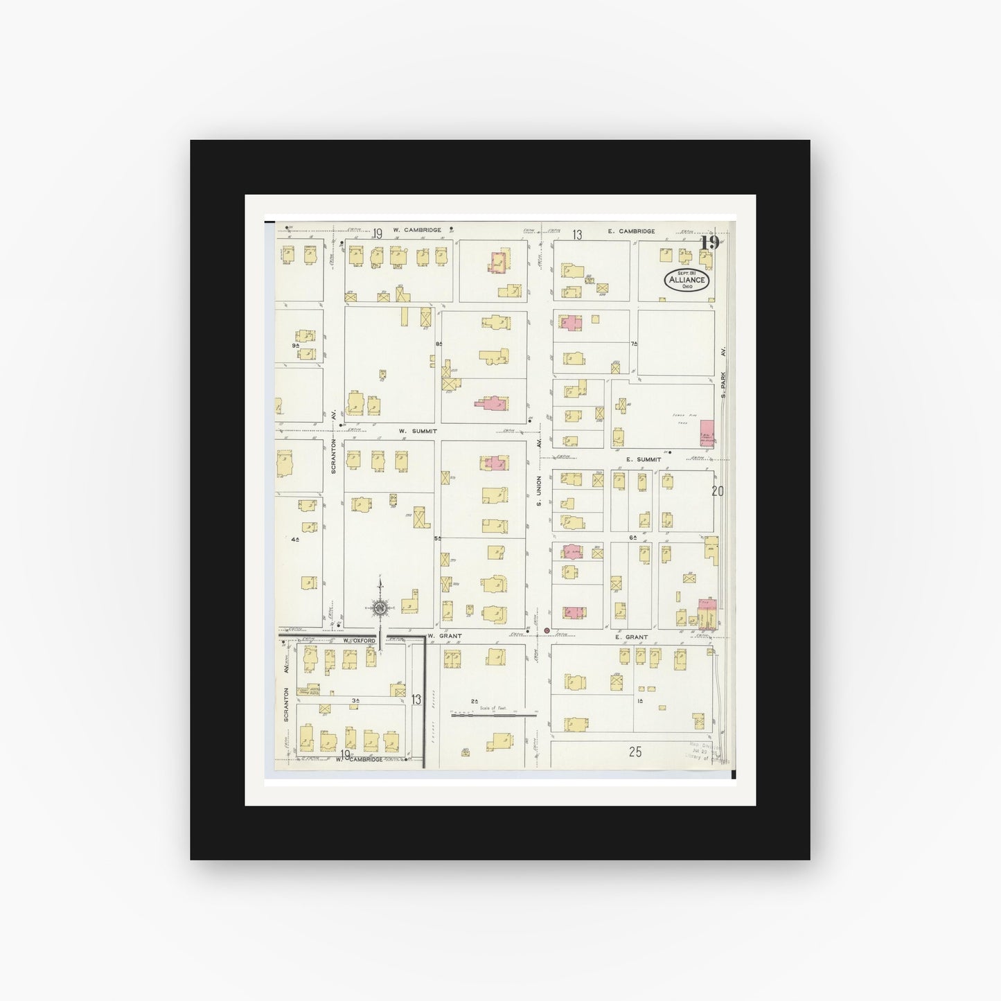 Old map wall art mockup — black gallery frame with white mat — Sanborn Fire Insurance Map from Alliance, Stark County, Ohio (1911), Sheet #0019