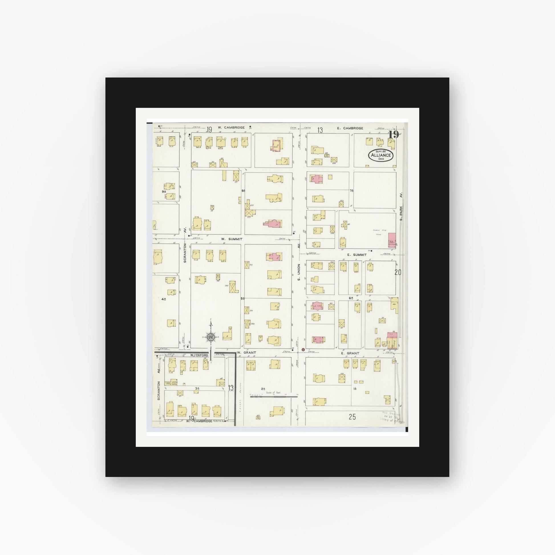 Old map wall art mockup — black gallery frame with white mat — Sanborn Fire Insurance Map from Alliance, Stark County, Ohio (1911), Sheet #0019