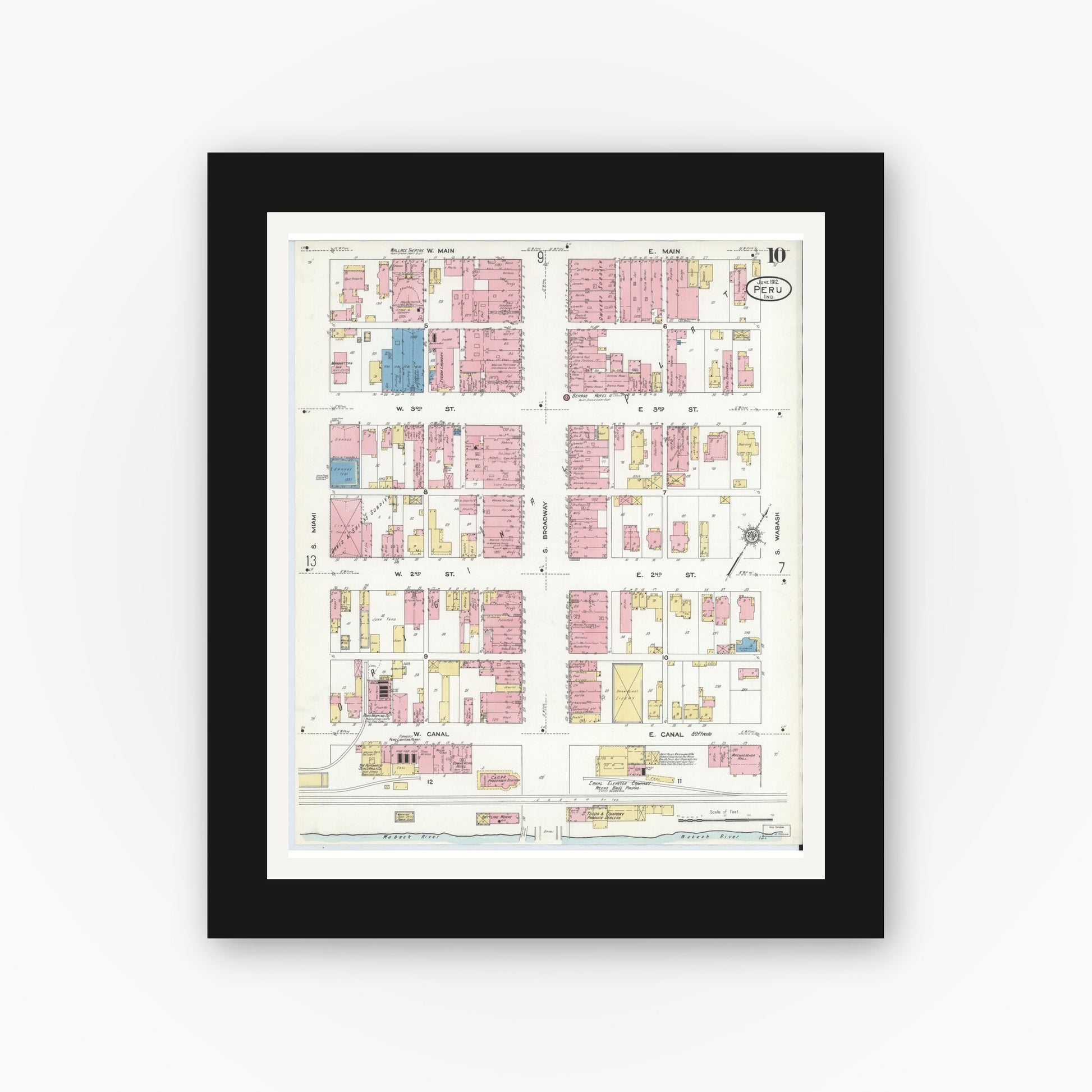 Old map wall art mockup — black gallery frame with white mat — Sanborn Fire Insurance Map from Peru, Miami County, Indiana (1912), Sheet #0010