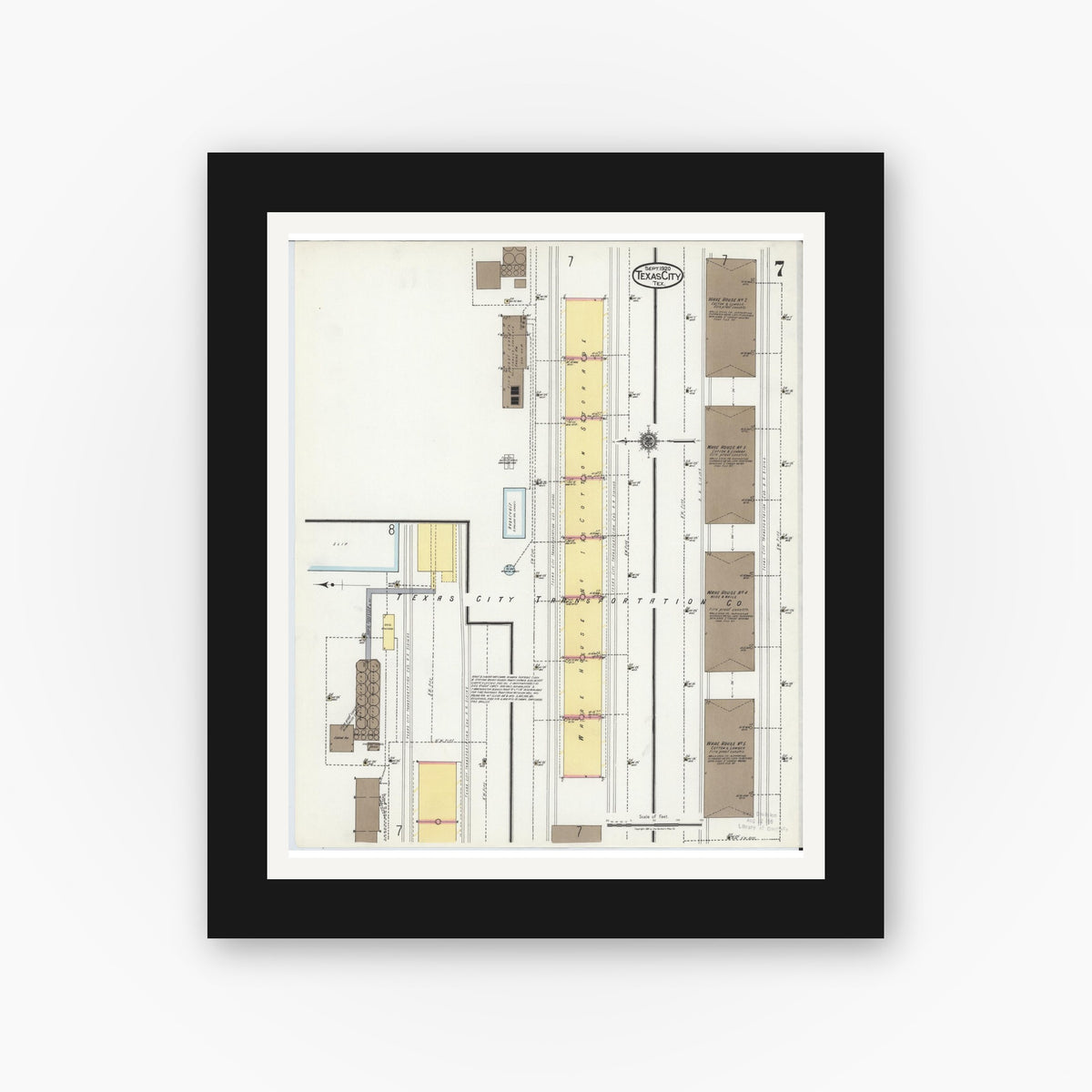 Old map wall art mockup — black gallery frame with white mat — Sanborn Fire Insurance Map from Texas City, Galveston County, Texas (1920), Sheet #0007