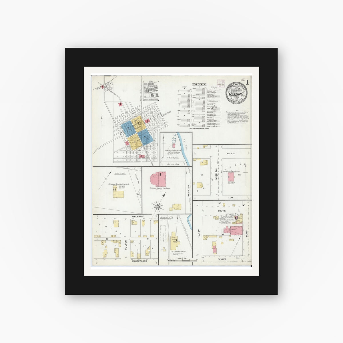 Old map wall art mockup — black gallery frame with white mat — Sanborn Fire Insurance Map from Marshall, Clark County, Illinois (1906) - Complete Map Set