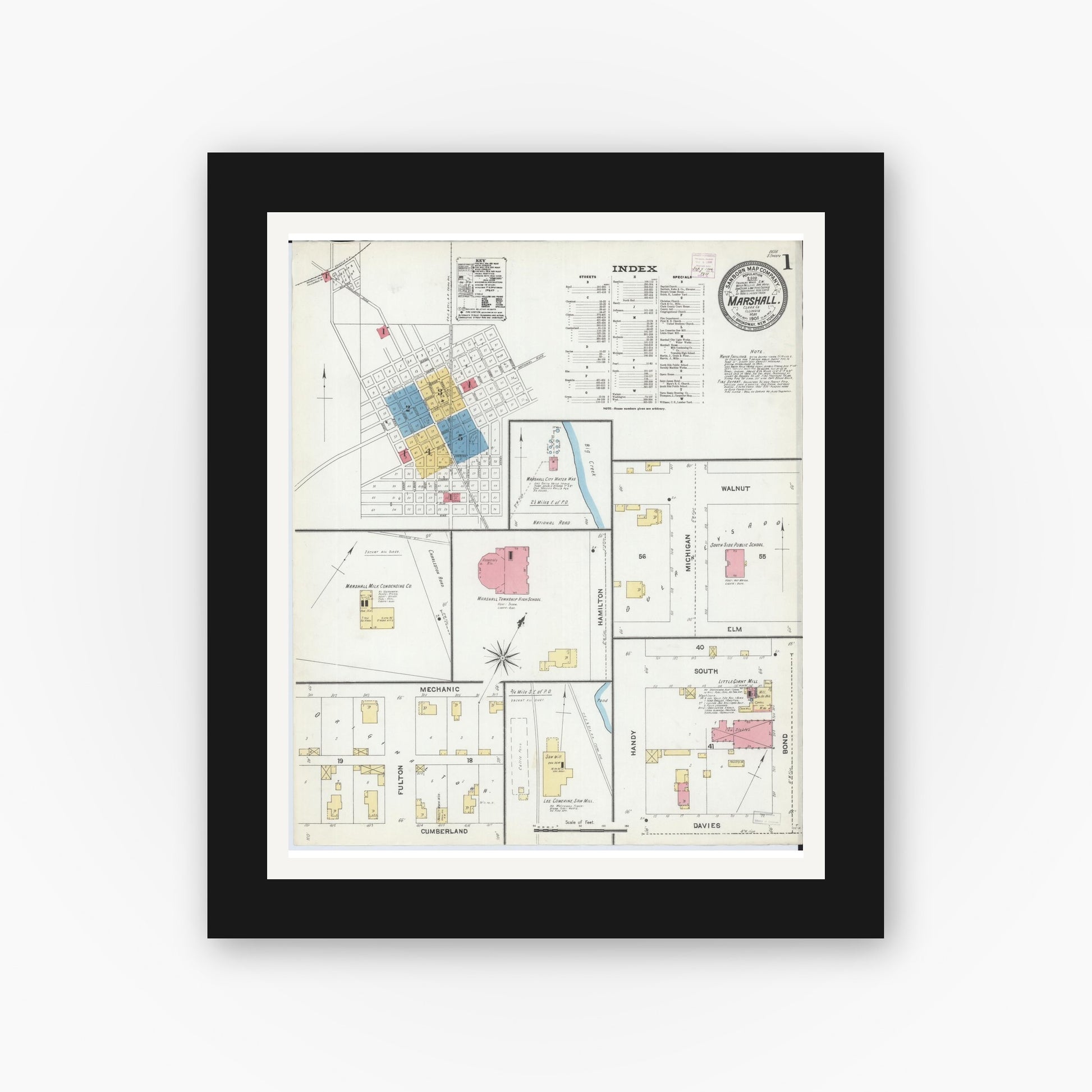 Old map wall art mockup — black gallery frame with white mat — Sanborn Fire Insurance Map from Marshall, Clark County, Illinois (1906) - Complete Map Set