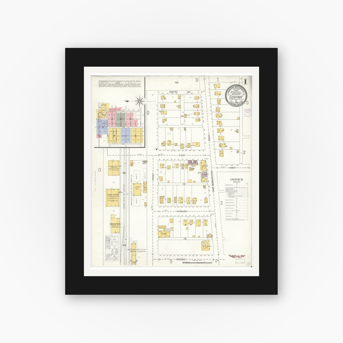 Old map wall art mockup — black gallery frame with white mat — Sanborn Fire Insurance Map from Covina, Los Angeles County, California (1906), Sheet #0001