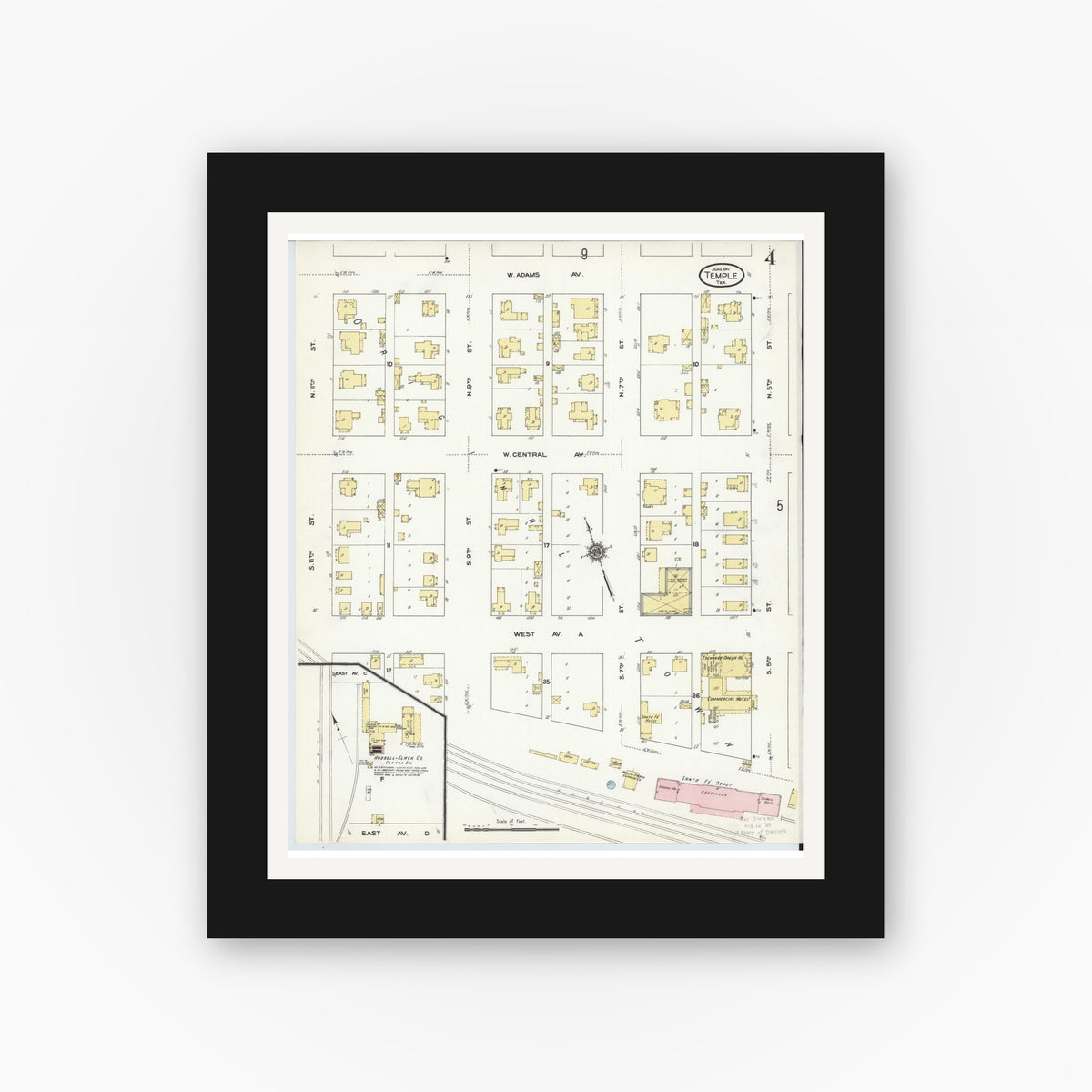 Old map wall art mockup — black gallery frame with white mat — Sanborn Fire Insurance Map from Temple, Bell County, Texas (1910), Sheet #0004