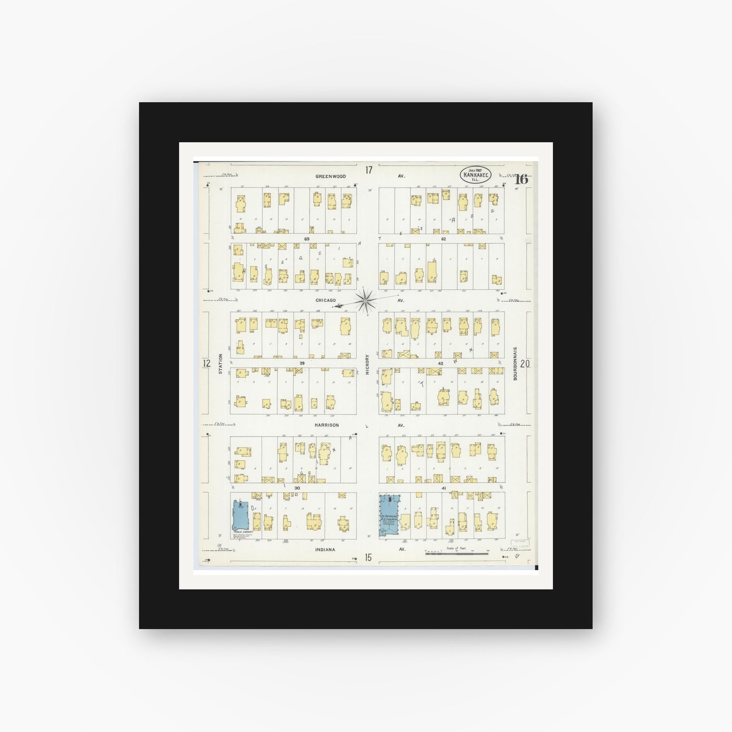 Old map wall art mockup — black gallery frame with white mat — Sanborn Fire Insurance Map from Kankakee, Kankakee County, Illinois (1907), Sheet #0016