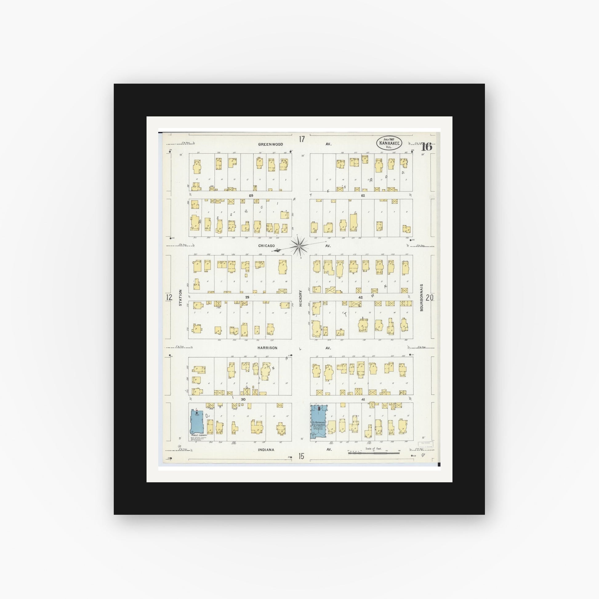 Old map wall art mockup — black gallery frame with white mat — Sanborn Fire Insurance Map from Kankakee, Kankakee County, Illinois (1907), Sheet #0016