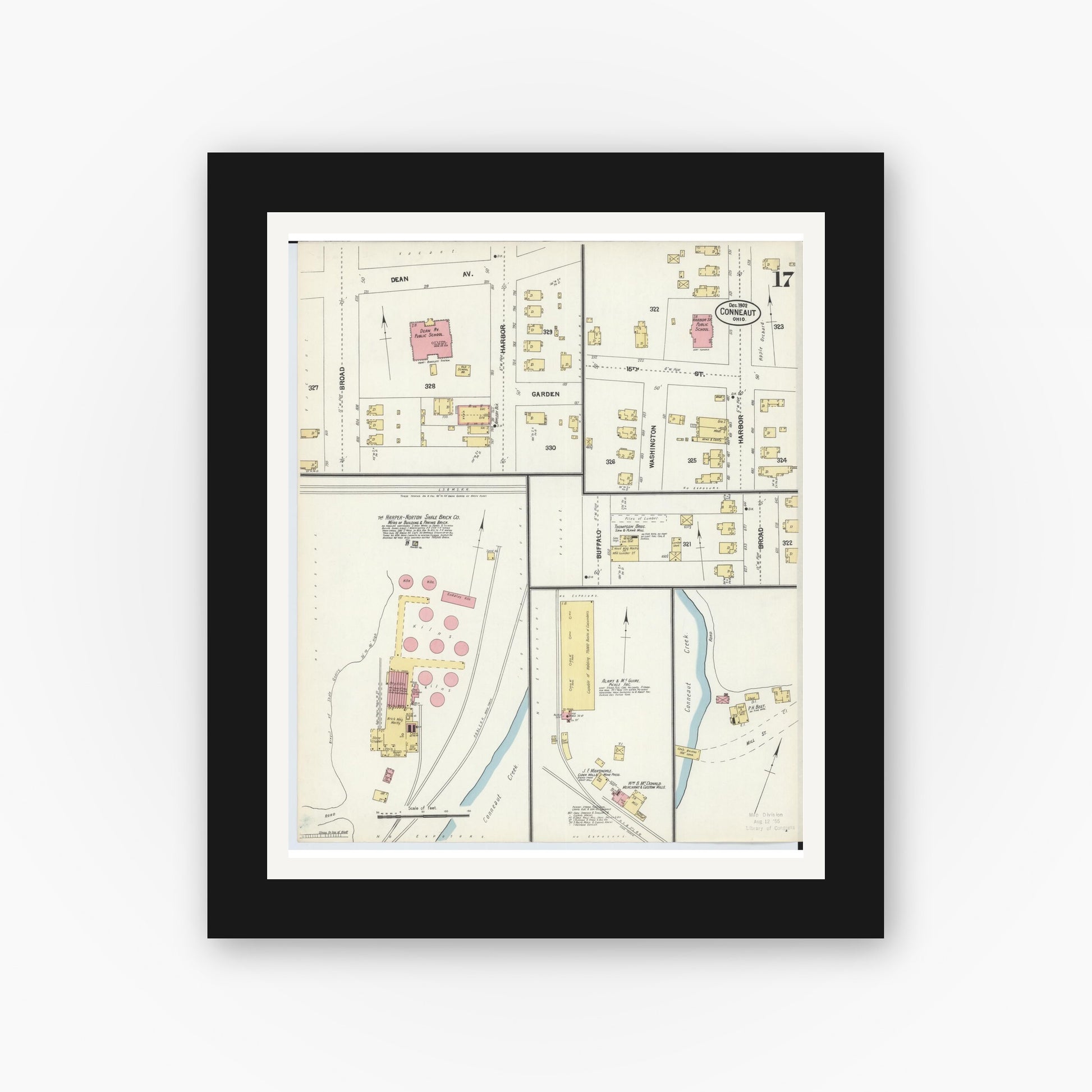 Old map wall art mockup — black gallery frame with white mat — Sanborn Fire Insurance Map from Conneaut, Ashtabula County, Ohio (1902), Sheet #0017