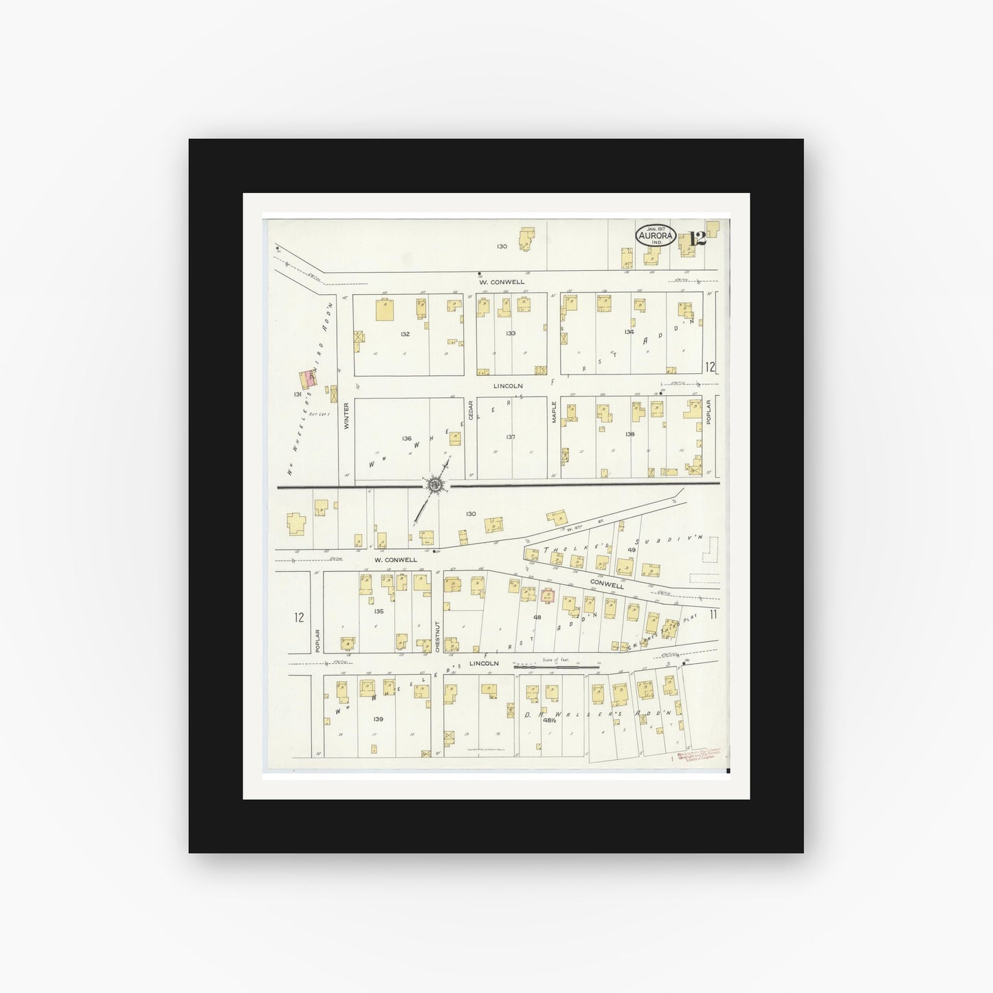 Old map wall art mockup — black gallery frame with white mat — Sanborn Fire Insurance Map from Aurora, Dearborn County, Indiana (1917), Sheet #0012