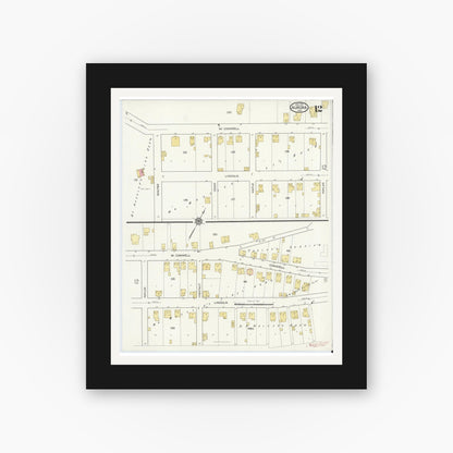 Old map wall art mockup — black gallery frame with white mat — Sanborn Fire Insurance Map from Aurora, Dearborn County, Indiana (1917), Sheet #0012