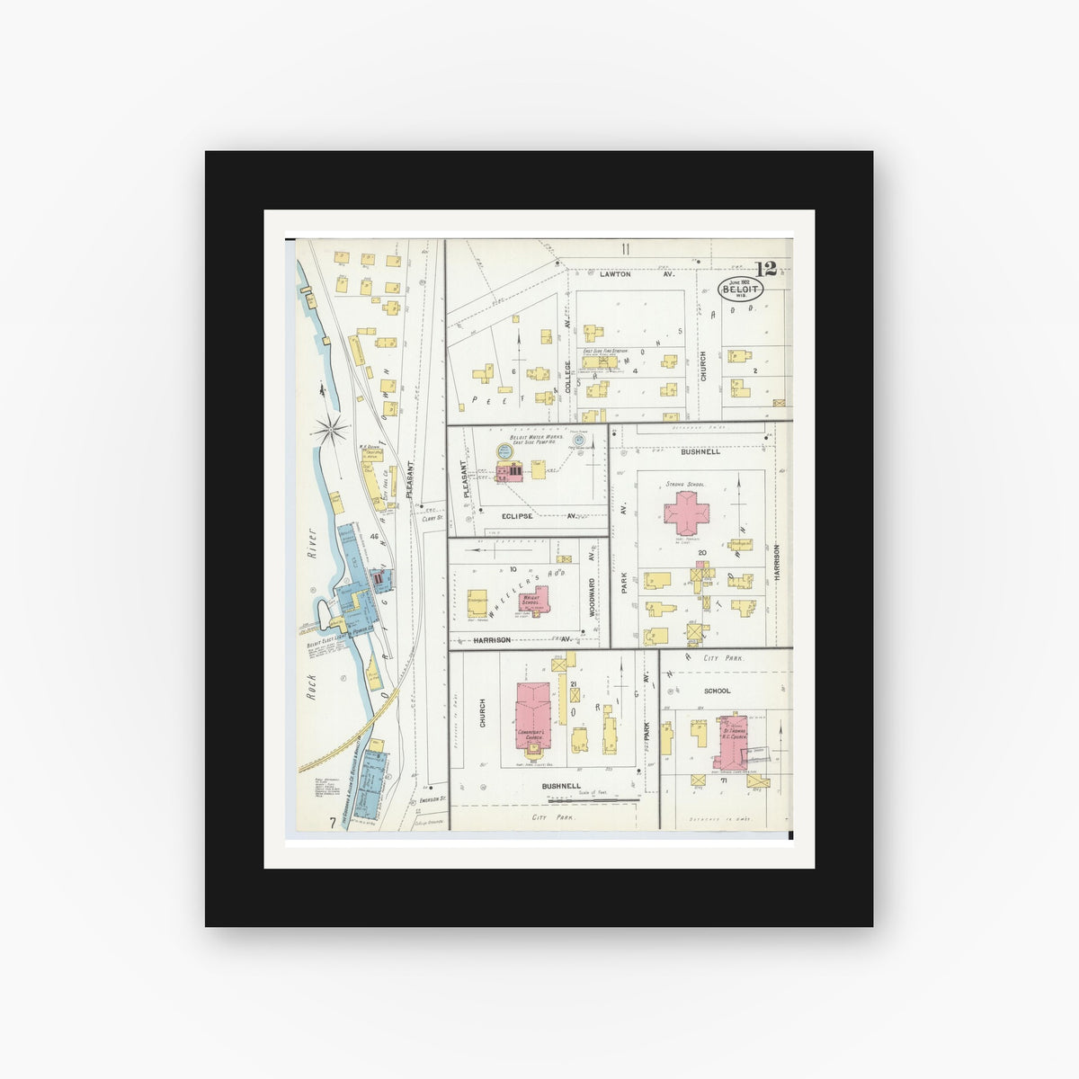 Old map wall art mockup — black gallery frame with white mat — Sanborn Fire Insurance Map from Beloit, Rock County, Wisconsin (1902), Sheet #0012