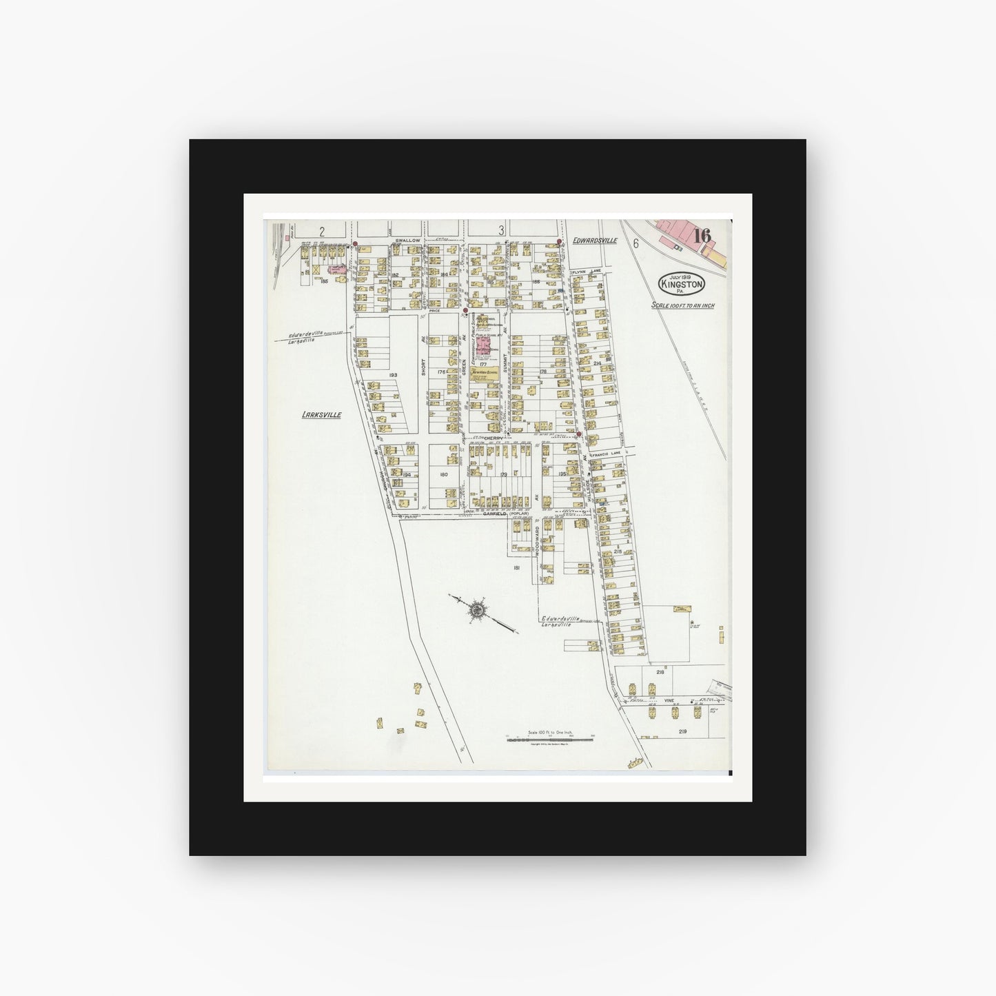 Old map wall art mockup — black gallery frame with white mat — Sanborn Fire Insurance Map from Kingston, Luzerne County, Pennsylvania (1919), Sheet #0016