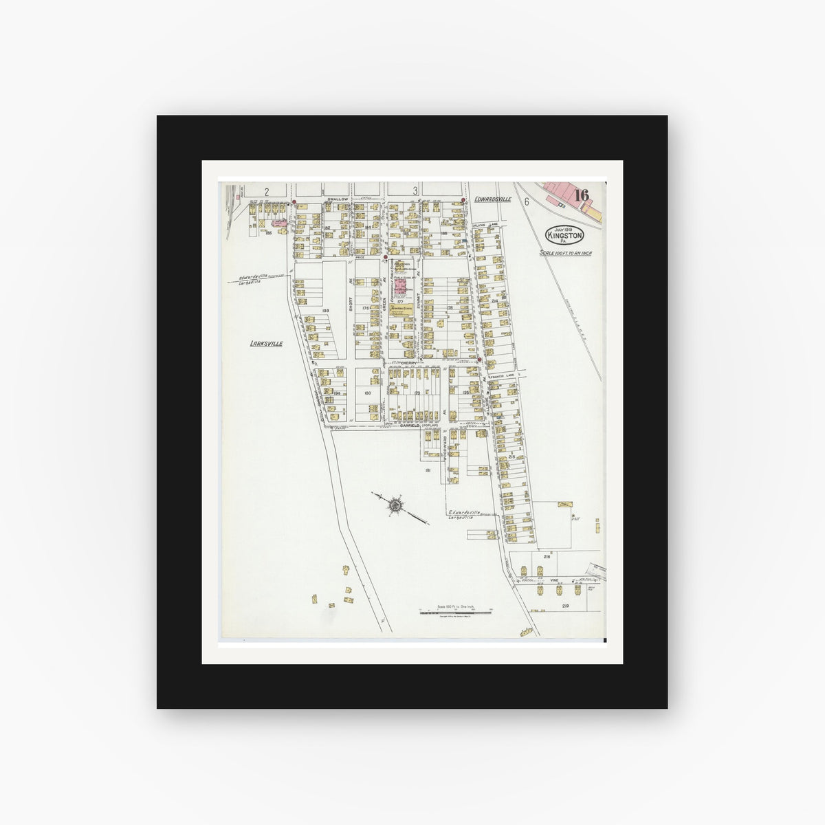 Old map wall art mockup — black gallery frame with white mat — Sanborn Fire Insurance Map from Kingston, Luzerne County, Pennsylvania (1919), Sheet #0016