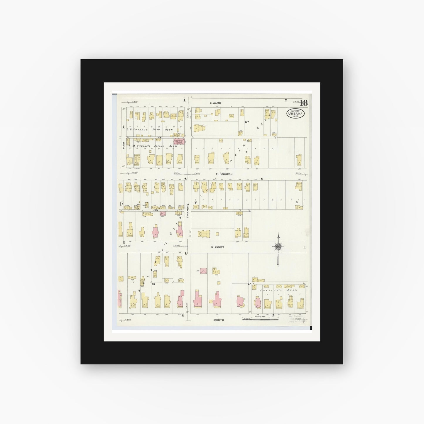 Old map wall art mockup — black gallery frame with white mat — Sanborn Fire Insurance Map from Urbana, Champaign County, Ohio (1910), Sheet #0018
