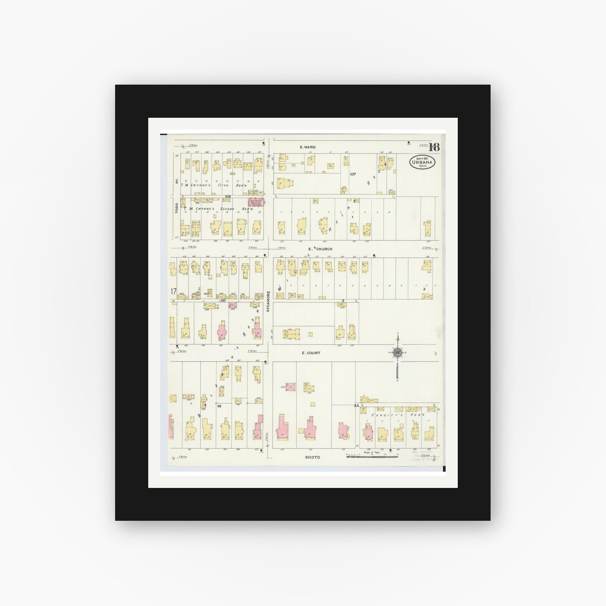 Old map wall art mockup — black gallery frame with white mat — Sanborn Fire Insurance Map from Urbana, Champaign County, Ohio (1910), Sheet #0018