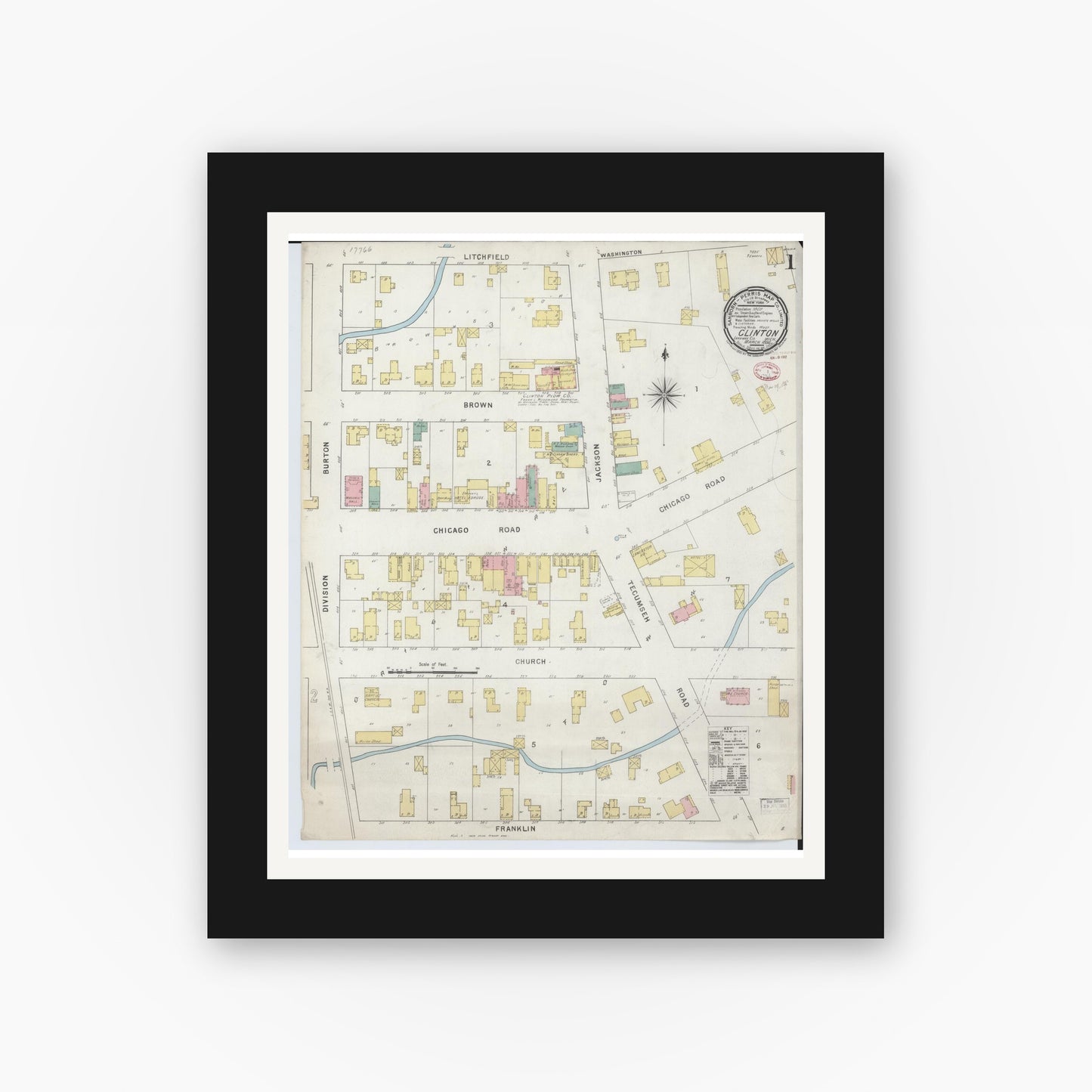 Old map wall art mockup — black gallery frame with white mat — Sanborn Fire Insurance Map from Clinton, Lenawee County, Michigan (1895), Sheet #0001