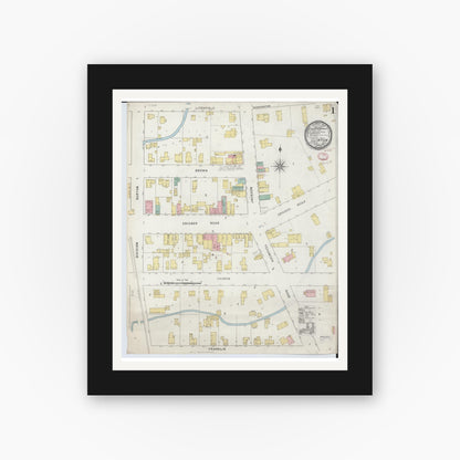 Old map wall art mockup — black gallery frame with white mat — Sanborn Fire Insurance Map from Clinton, Lenawee County, Michigan (1895), Sheet #0001