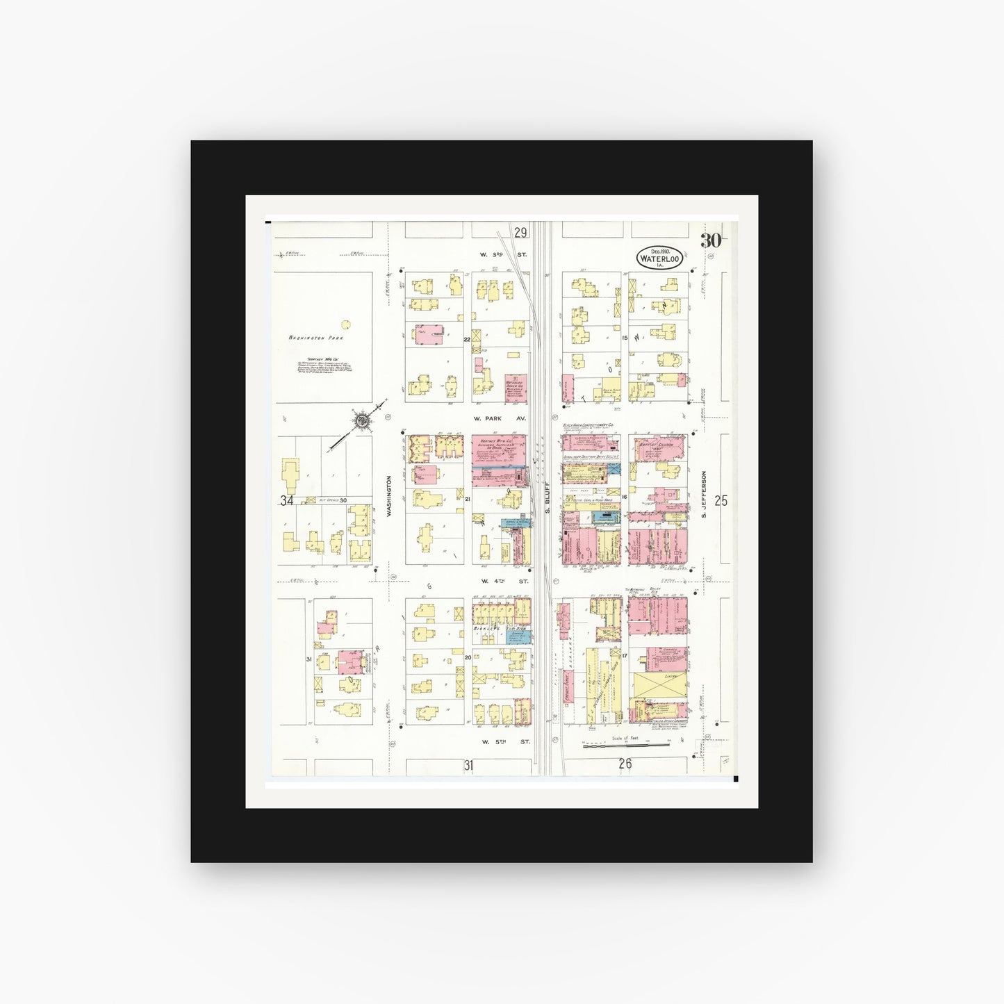 Old map wall art mockup — black gallery frame with white mat — Sanborn Fire Insurance Map from Waterloo, Black Hawk County, Iowa (1910), Sheet #0030