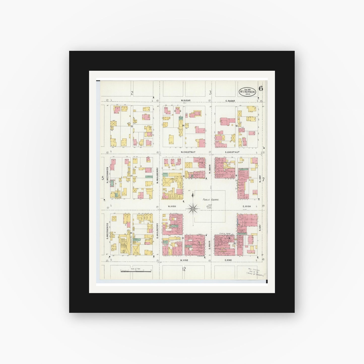 Old map wall art mockup — black gallery frame with white mat — Sanborn Fire Insurance Map from Mount Vernon, Knox County, Ohio (1903), Sheet #0006