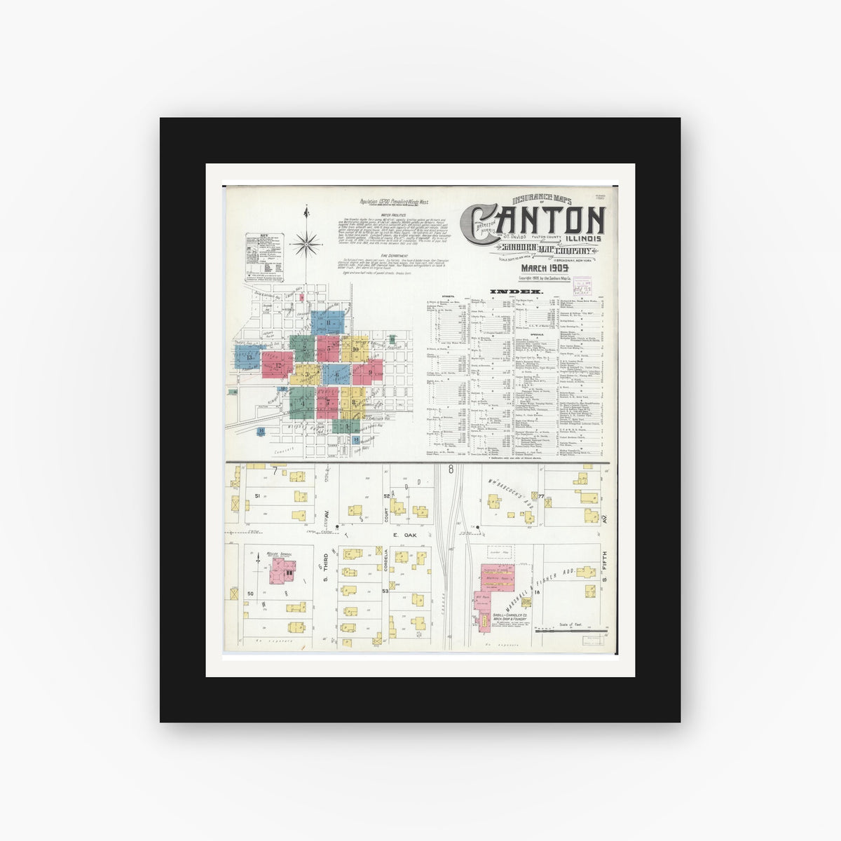 Old map wall art mockup — black gallery frame with white mat — Sanborn Fire Insurance Map from Canton, Fulton County, Illinois (1909) - Complete Map Set