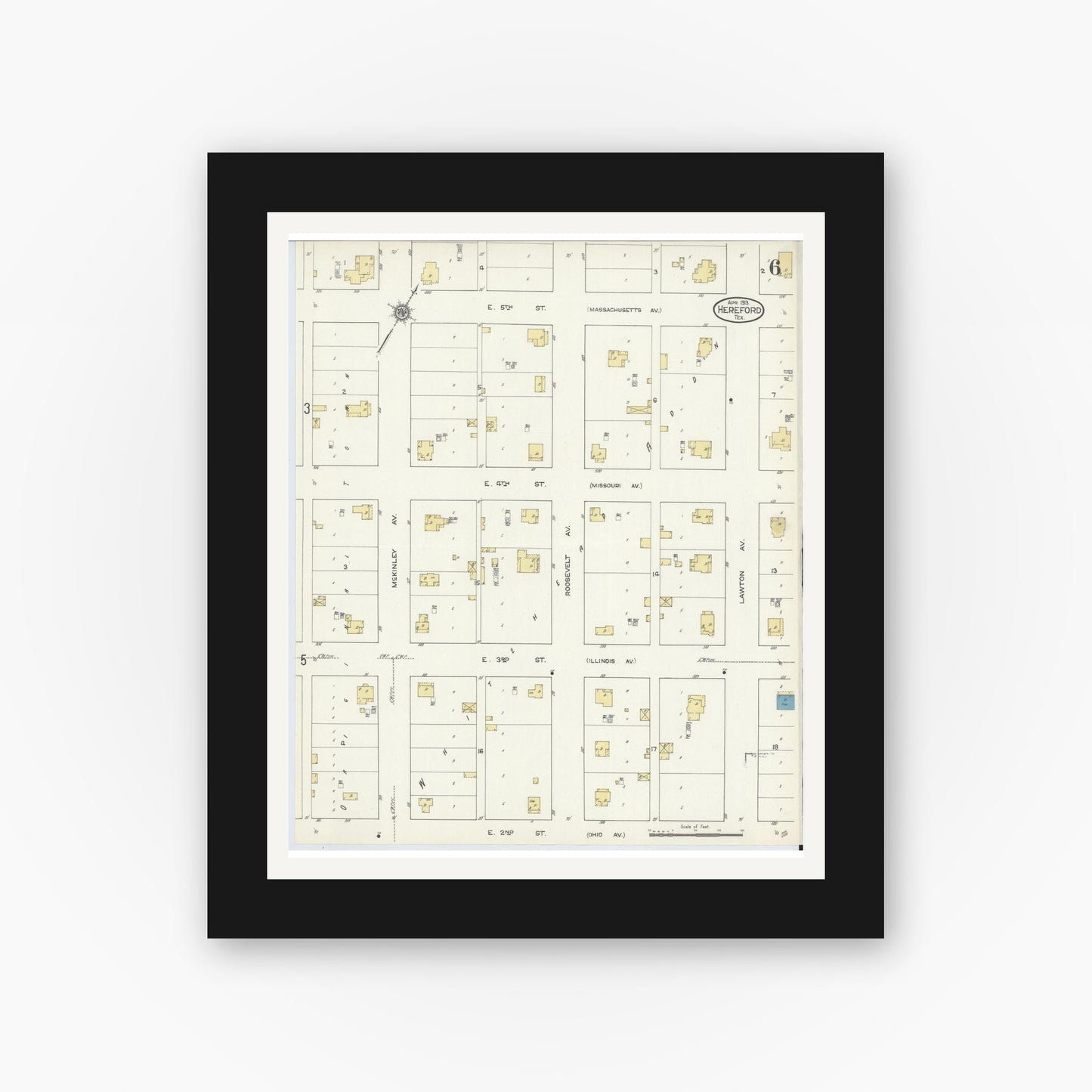 Old map wall art mockup — black gallery frame with white mat — Sanborn Fire Insurance Map from Hereford, Deaf Smith County, Texas (1913), Sheet #0006