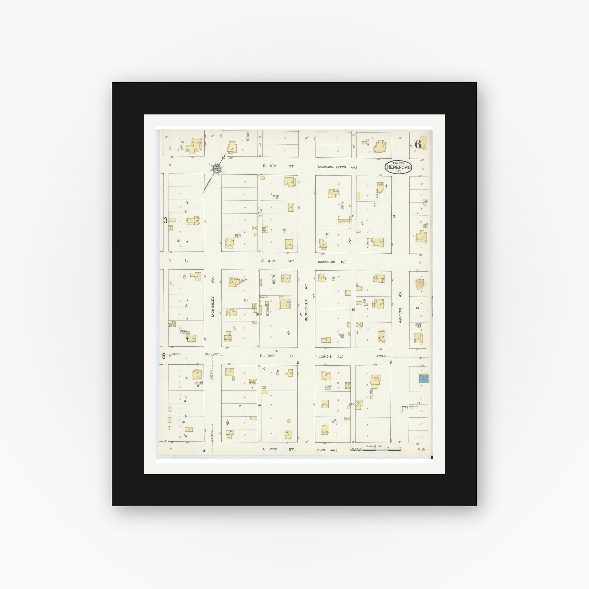Old map wall art mockup — black gallery frame with white mat — Sanborn Fire Insurance Map from Hereford, Deaf Smith County, Texas (1913), Sheet #0006