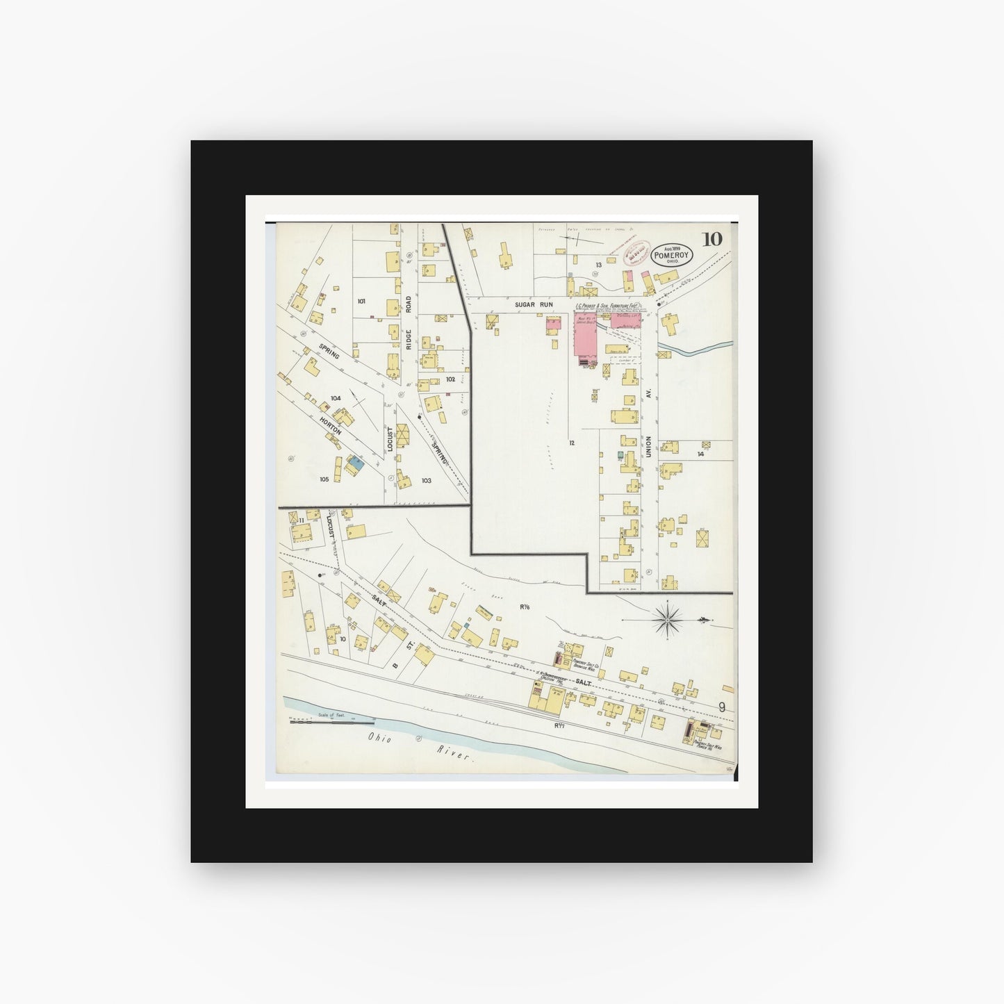 Old map wall art mockup — black gallery frame with white mat — Sanborn Fire Insurance Map from Pomeroy, Meigs County, Ohio (1899), Sheet #0010
