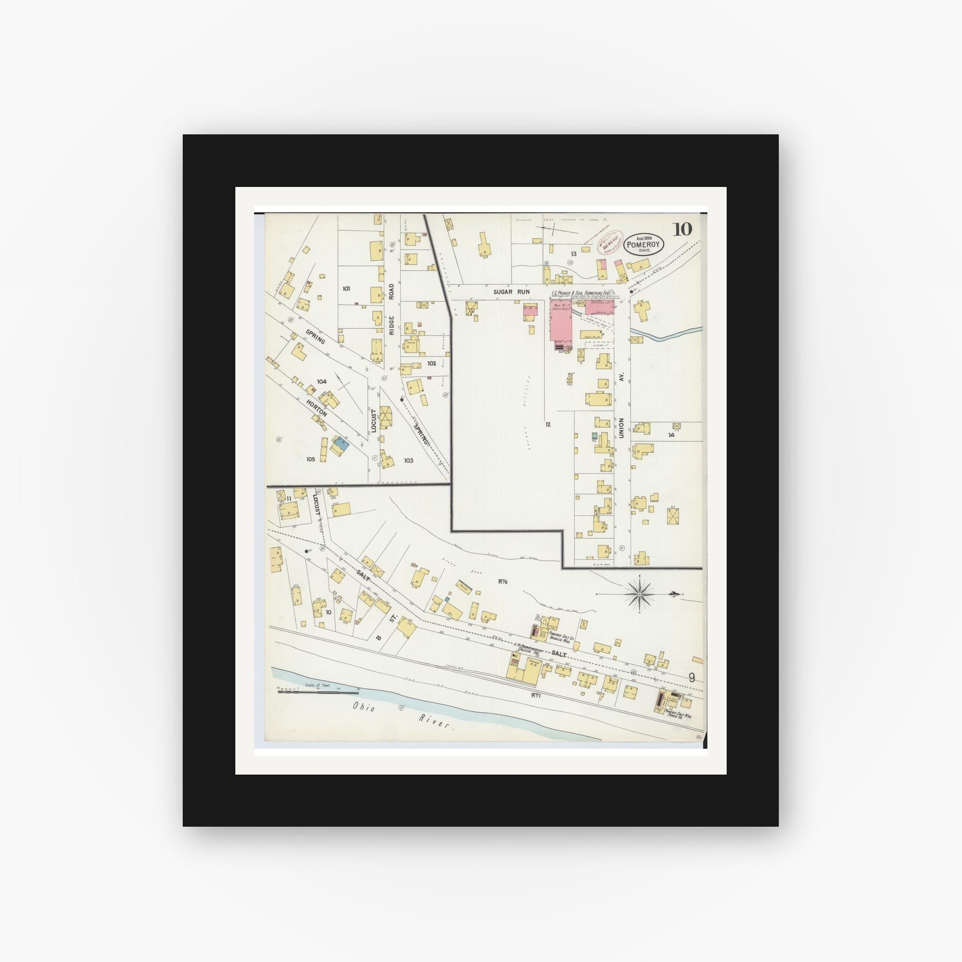 Old map wall art mockup — black gallery frame with white mat — Sanborn Fire Insurance Map from Pomeroy, Meigs County, Ohio (1899), Sheet #0010