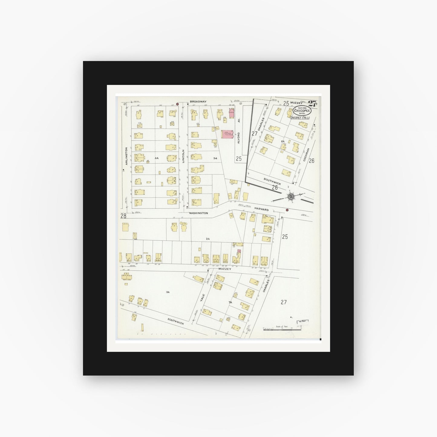 Old map wall art mockup — black gallery frame with white mat — Sanborn Fire Insurance Map from Chicopee, Hampden County, Massachusetts (1910), Sheet #0027