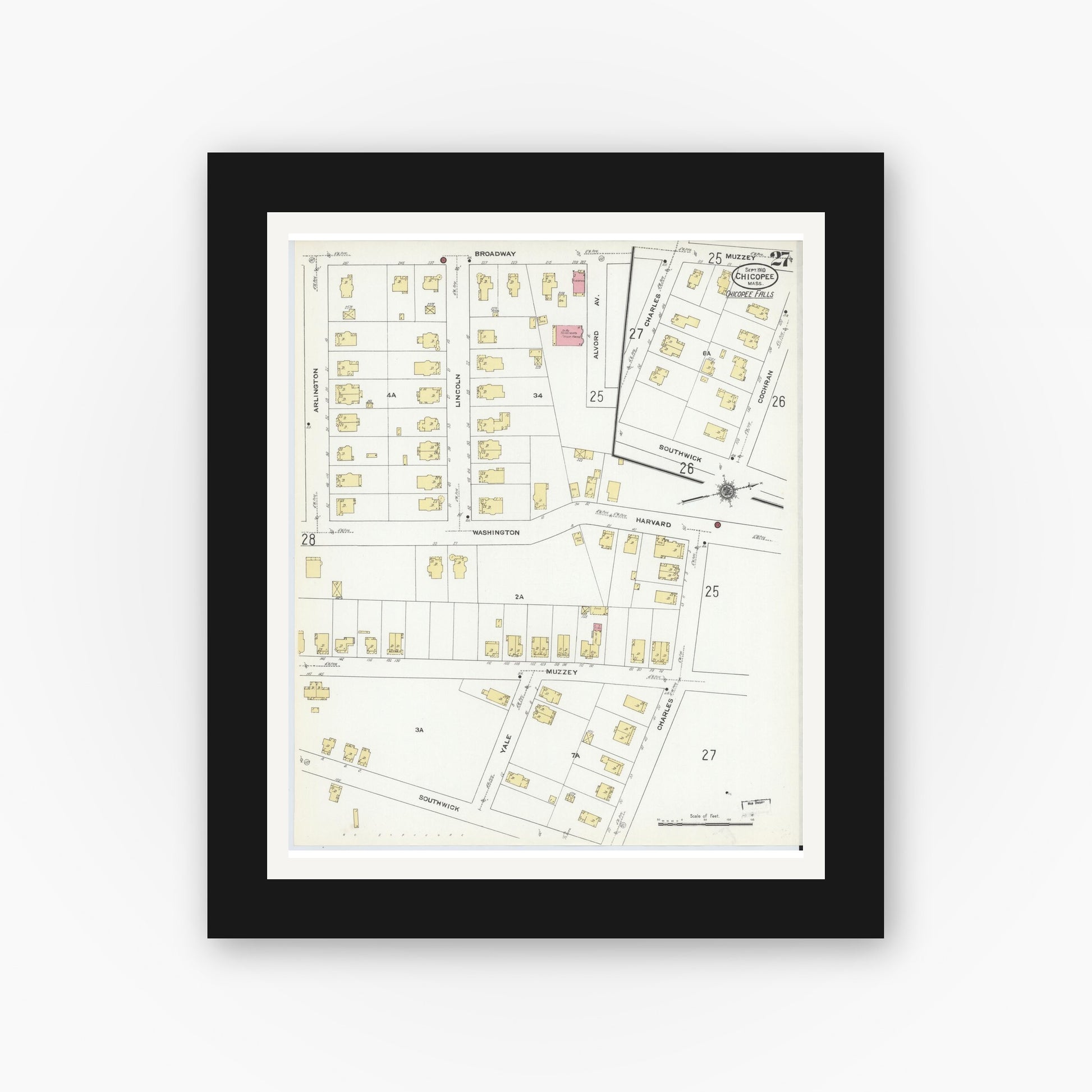 Old map wall art mockup — black gallery frame with white mat — Sanborn Fire Insurance Map from Chicopee, Hampden County, Massachusetts (1910), Sheet #0027