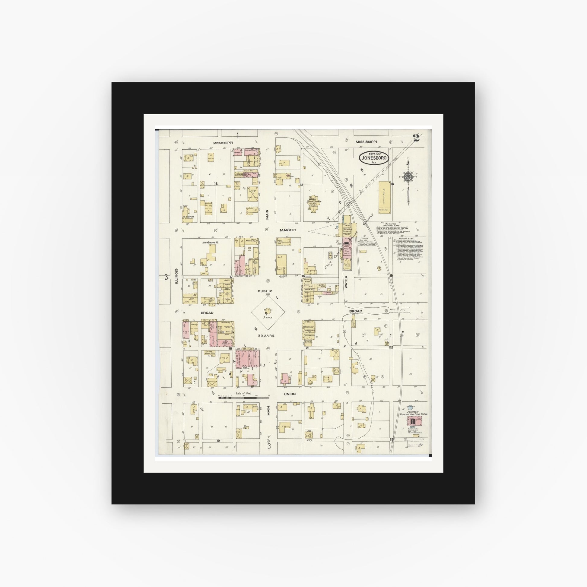 Old map wall art mockup — black gallery frame with white mat — Sanborn Fire Insurance Map from Jonesboro, Union County, Illinois (1910), Sheet #0002