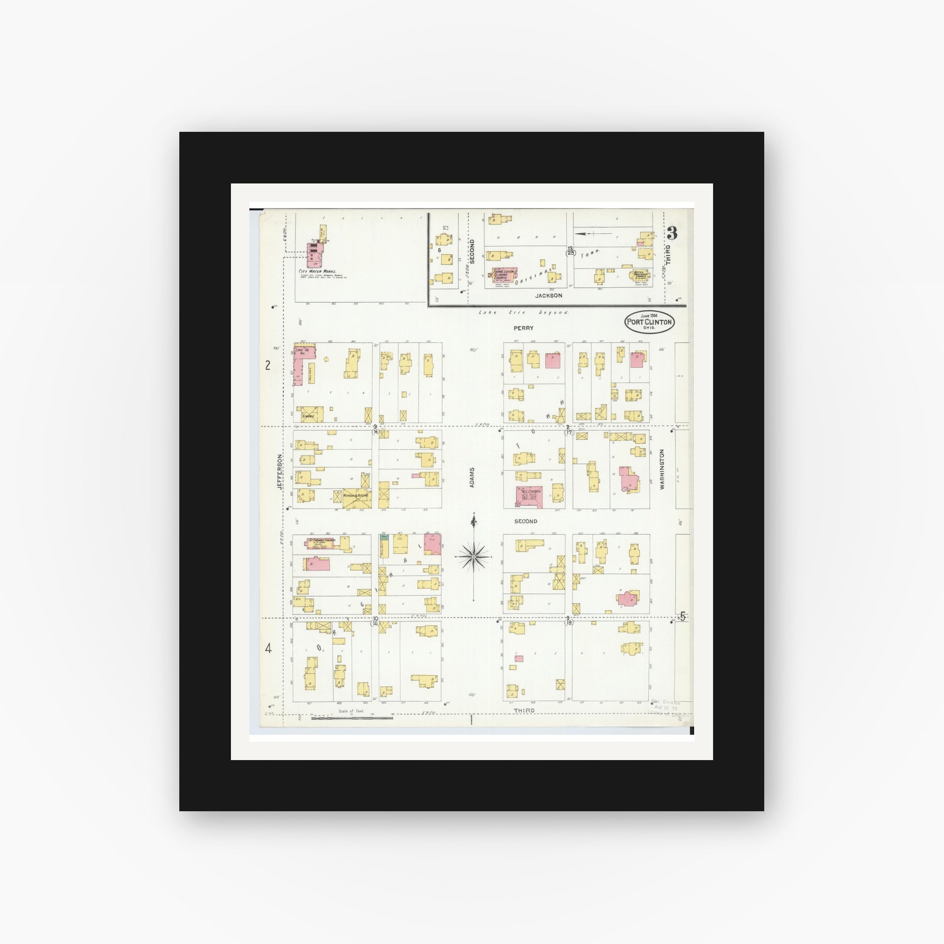 Old map wall art mockup — black gallery frame with white mat — Sanborn Fire Insurance Map from Port Clinton, Ottawa County, Ohio (1904), Sheet #0003