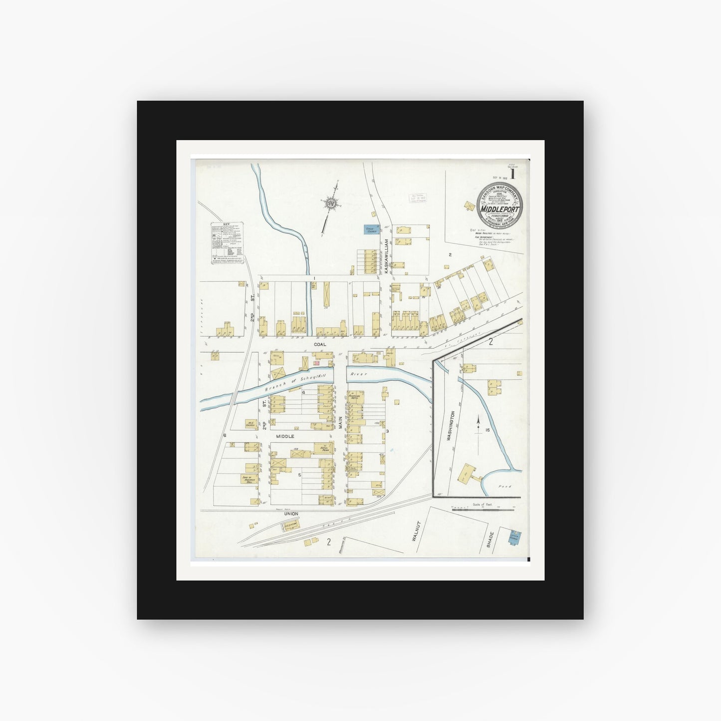 Old map wall art mockup — black gallery frame with white mat — Sanborn Fire Insurance Map from Middleport, Schuylkill County, Pennsylvania (1912) - Complete Map Set